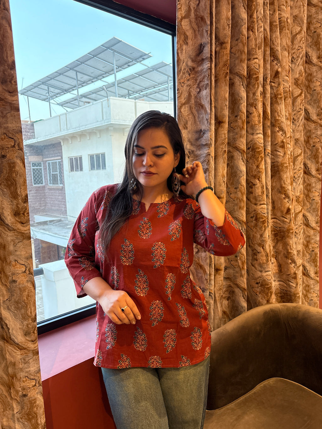 Women's Maroon Printed Cotton Top | Casual Ethnic Top for Women | Rangriti House