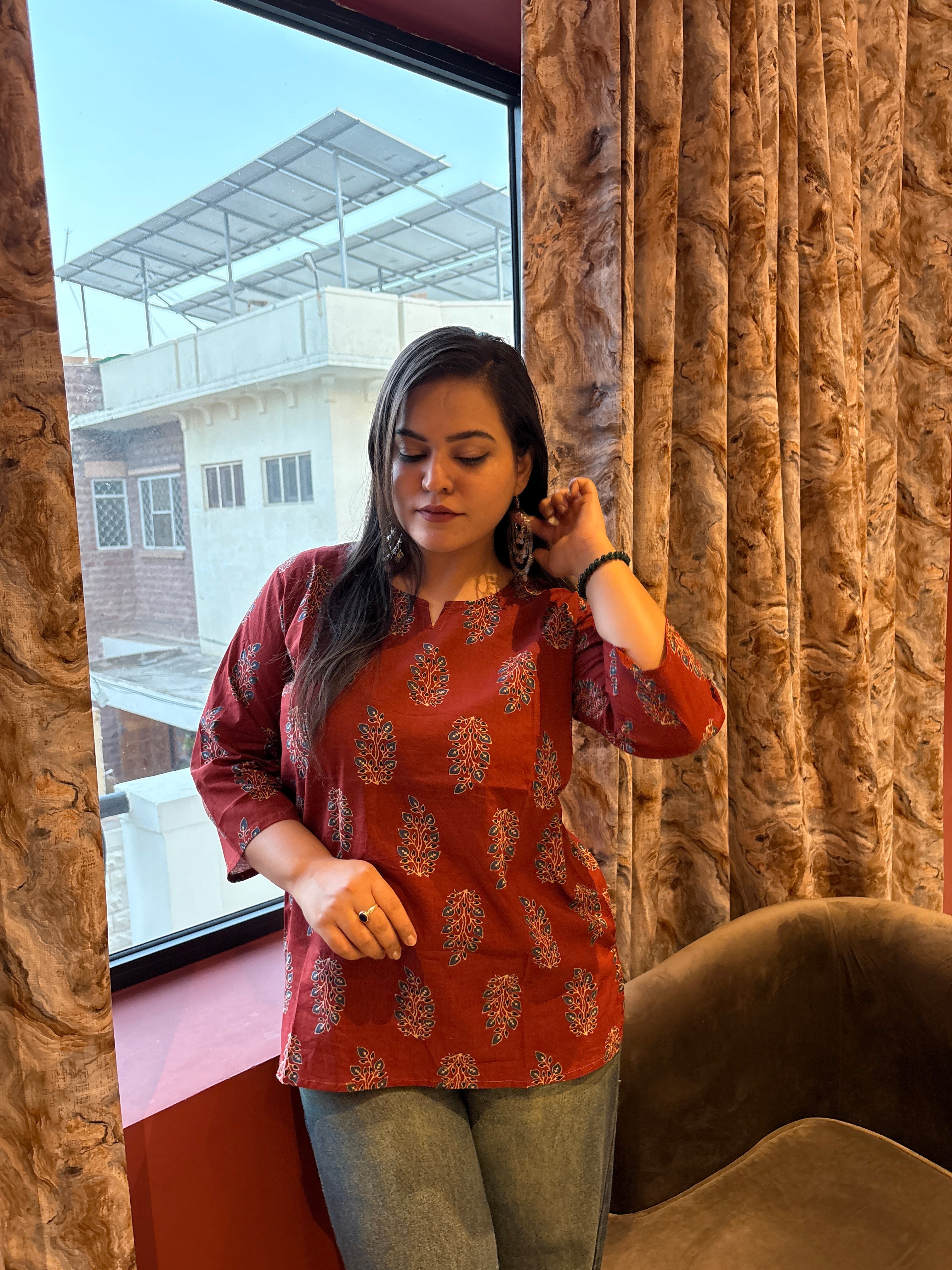 Women's Maroon Printed Cotton Top | Casual Ethnic Top for Women | Rangriti House