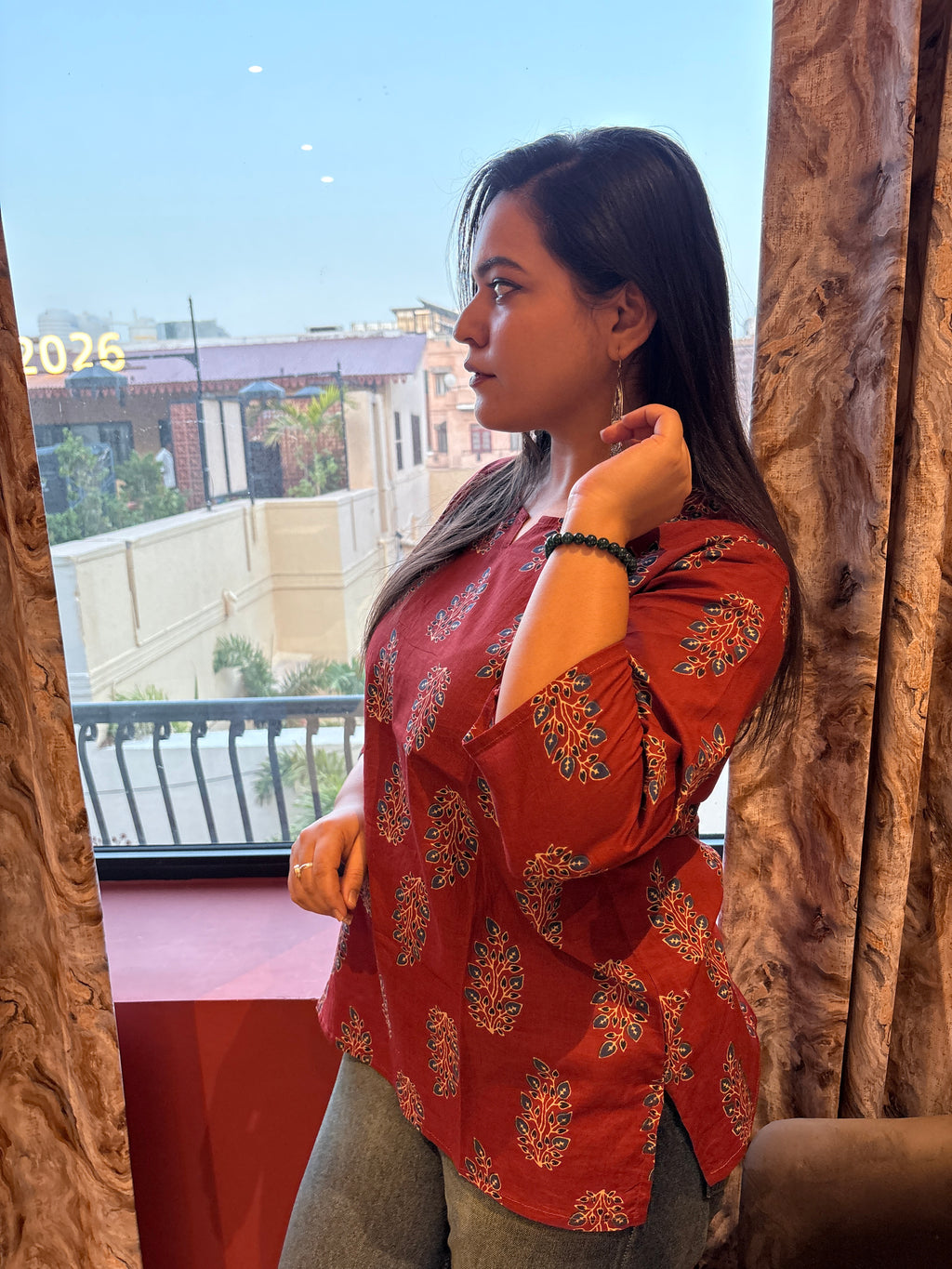 Women's Maroon Printed Cotton Top | Casual Ethnic Top for Women | Rangriti House