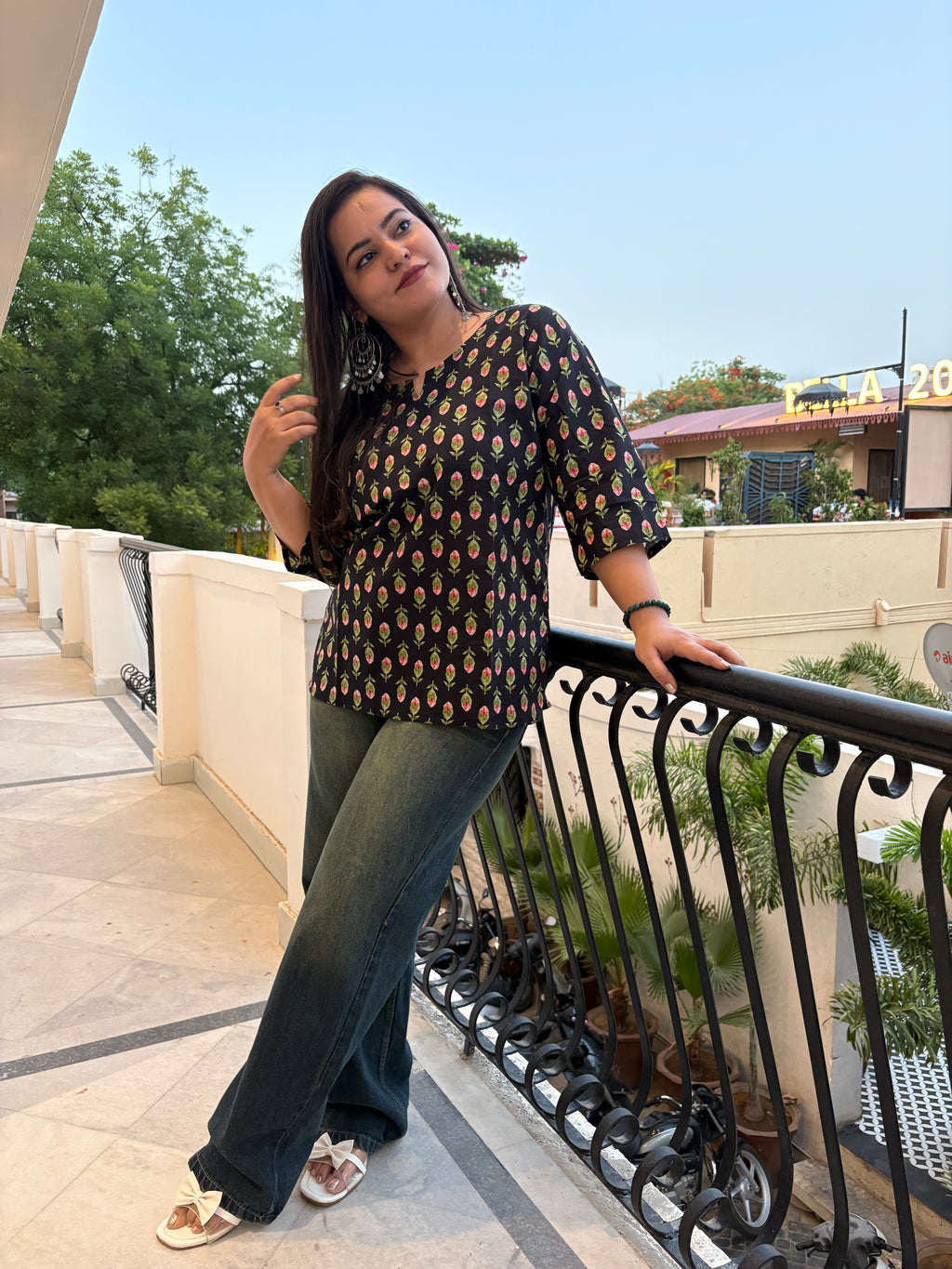 Women's Black Floral Printed Cotton Top | Casual Ethnic Top for Women | Rangriti House