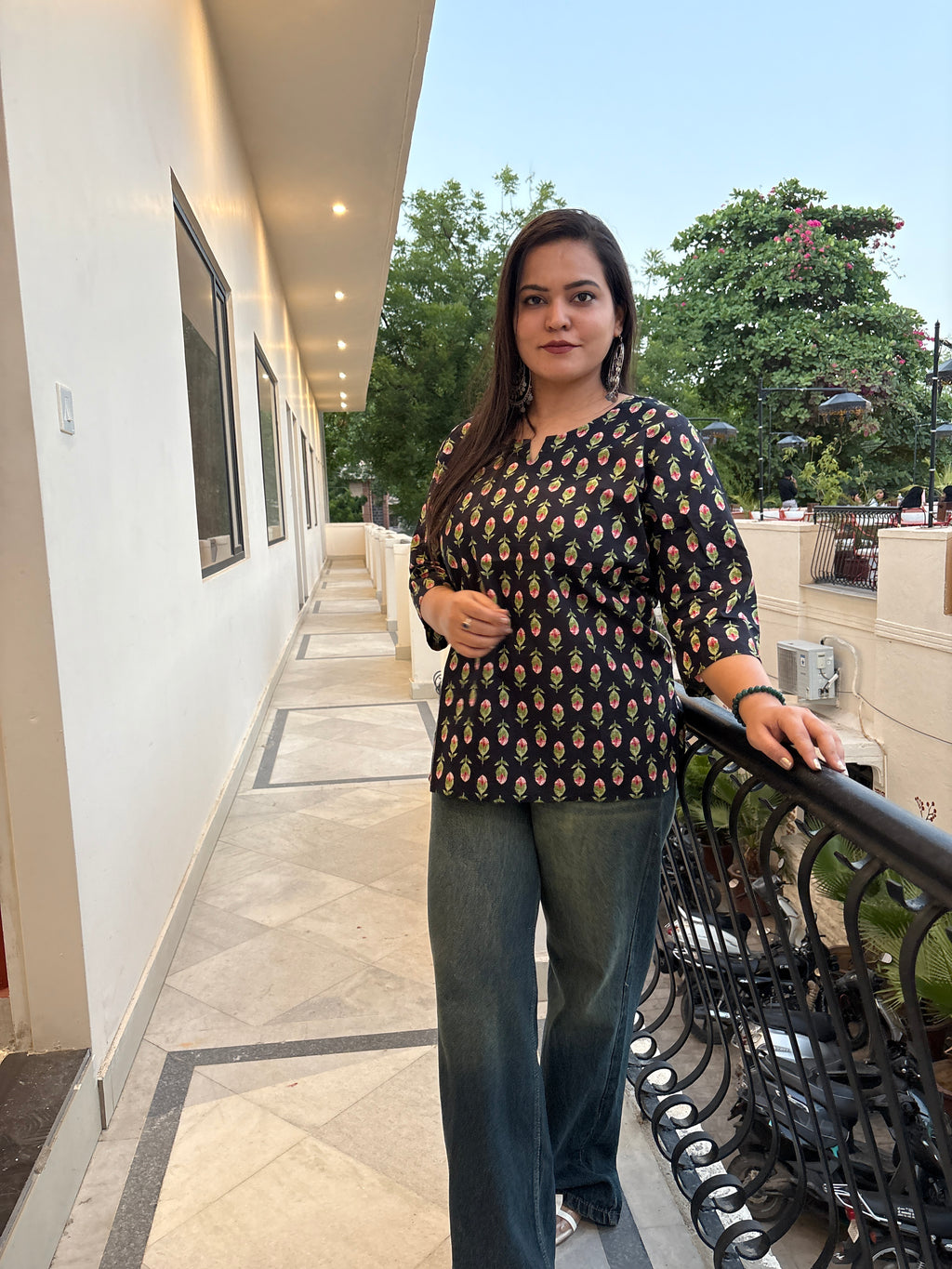 Women's Black Floral Printed Cotton Top | Casual Ethnic Top for Women | Rangriti House
