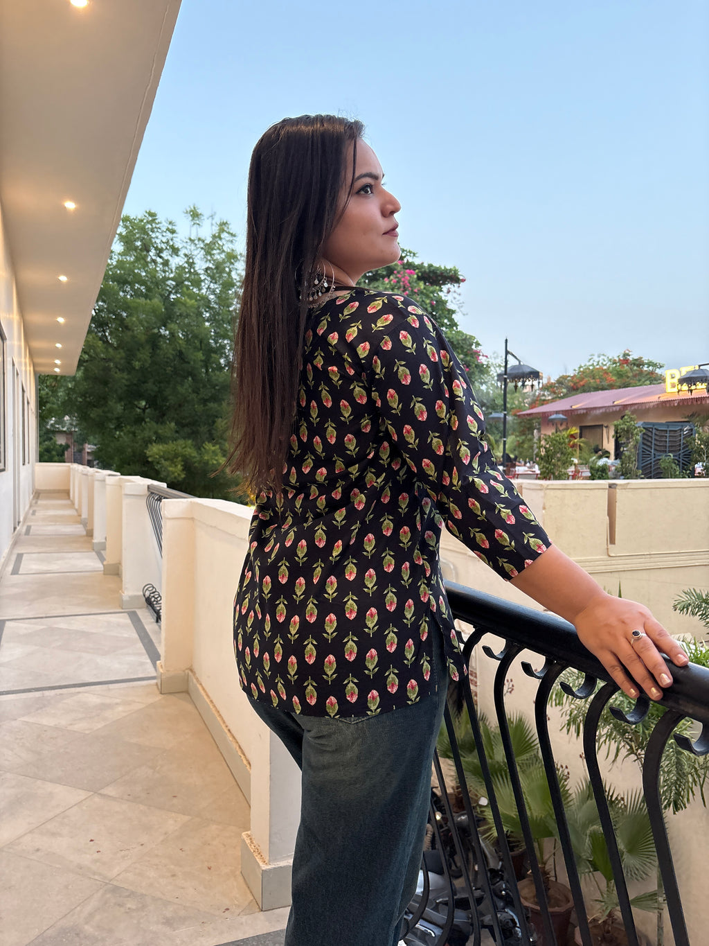 Women's Black Floral Printed Cotton Top | Casual Ethnic Top for Women | Rangriti House