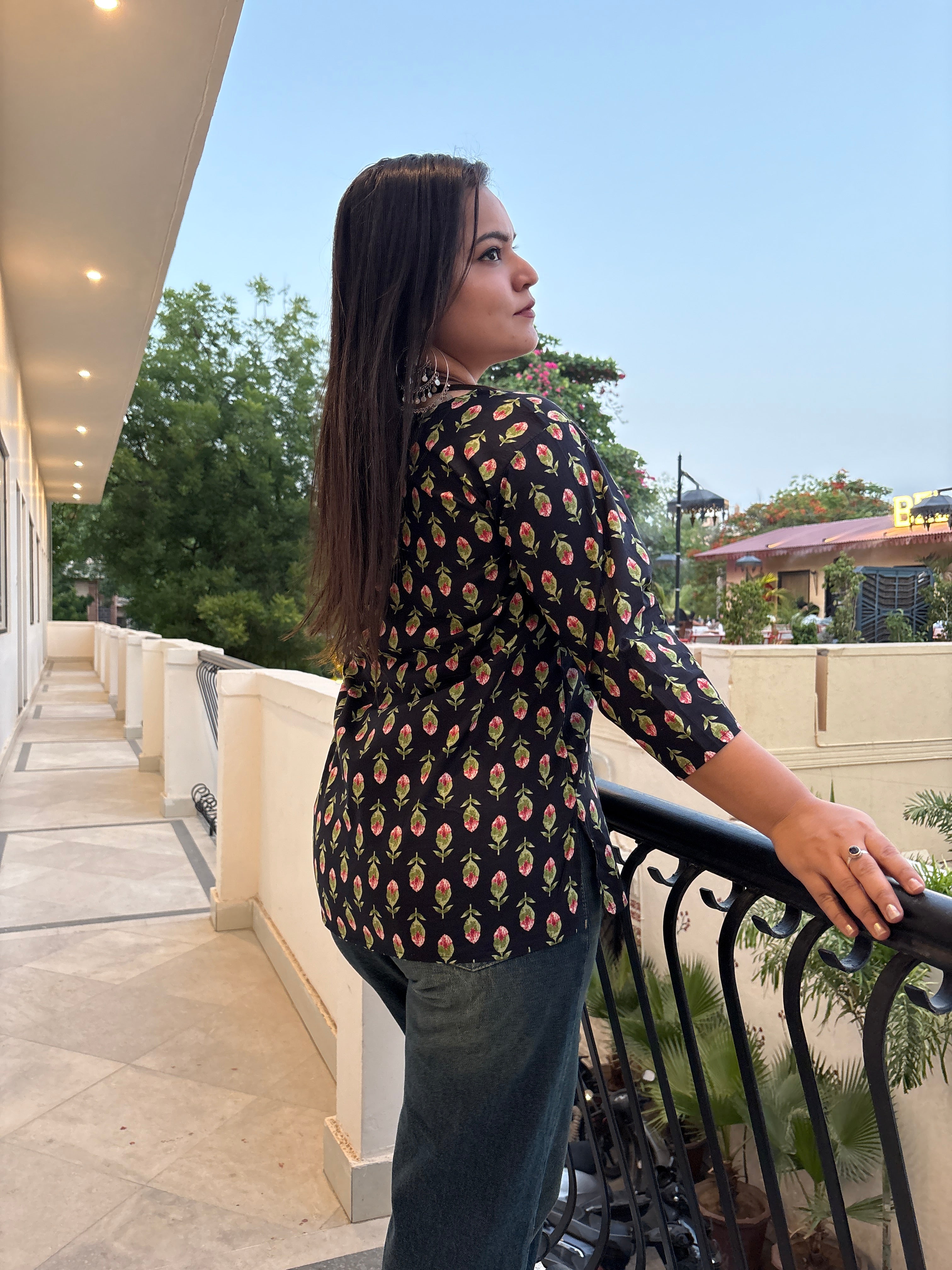 Women's Black Floral Printed Cotton Top | Casual Ethnic Top for Women | Rangriti House