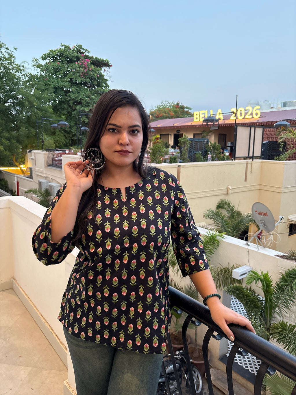 Women's Black Floral Printed Cotton Top | Casual Ethnic Top for Women | Rangriti House