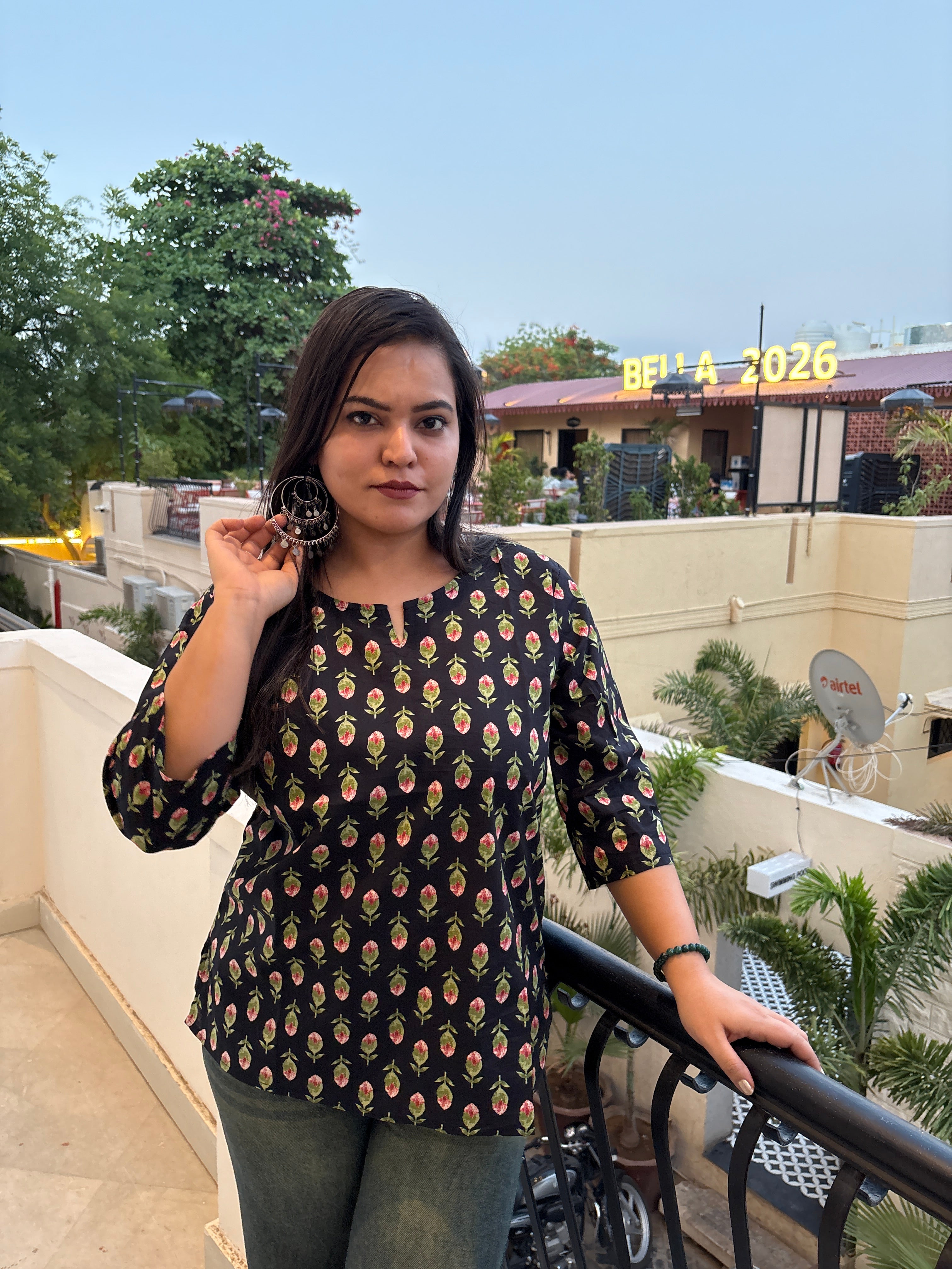 Women's Black Floral Printed Cotton Top | Casual Ethnic Top for Women | Rangriti House