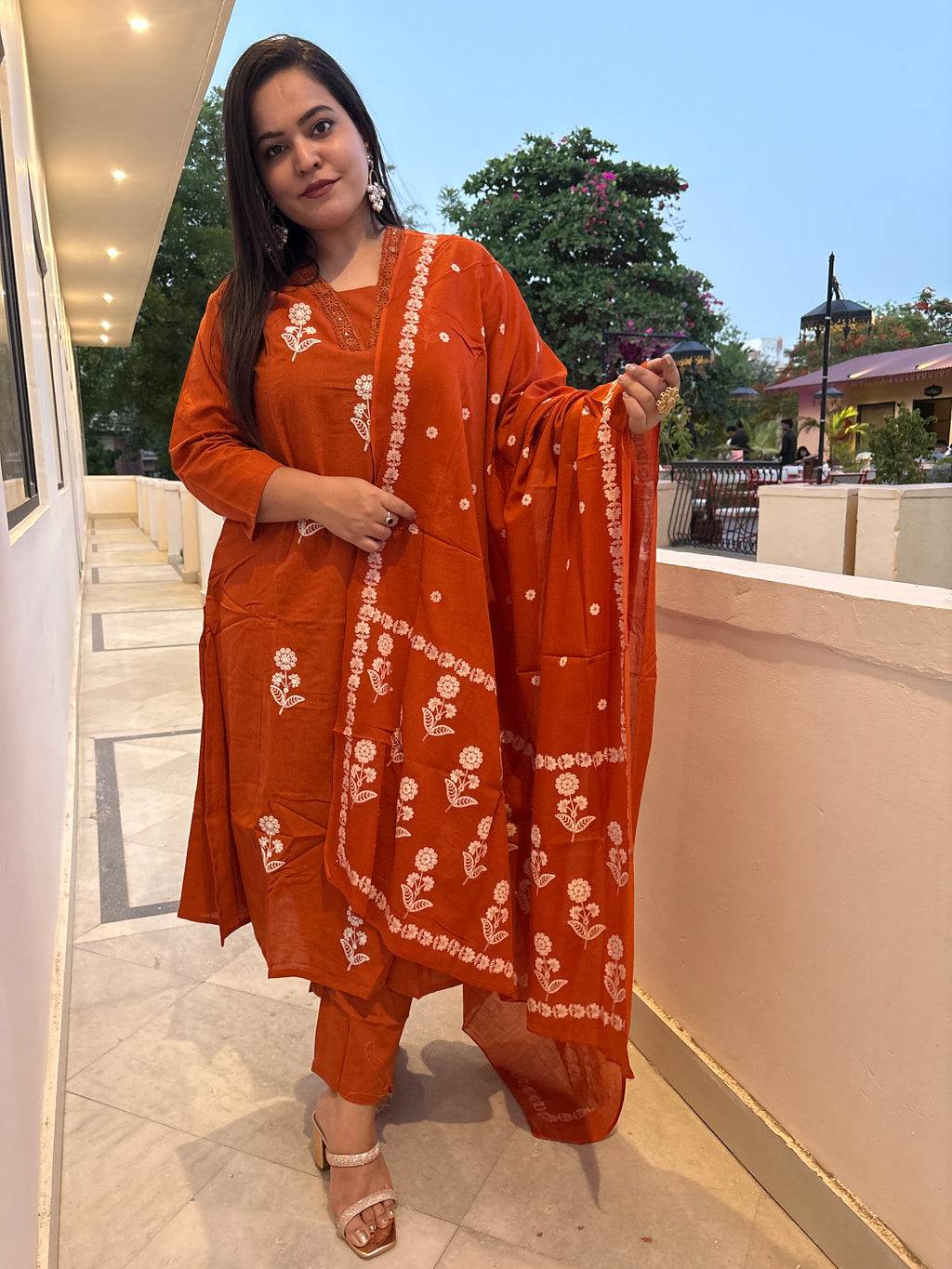 Women's Rust Orange Embroidered Kurta Set with Dupatta | Ethnic Suit Set for Women | Rangriti House