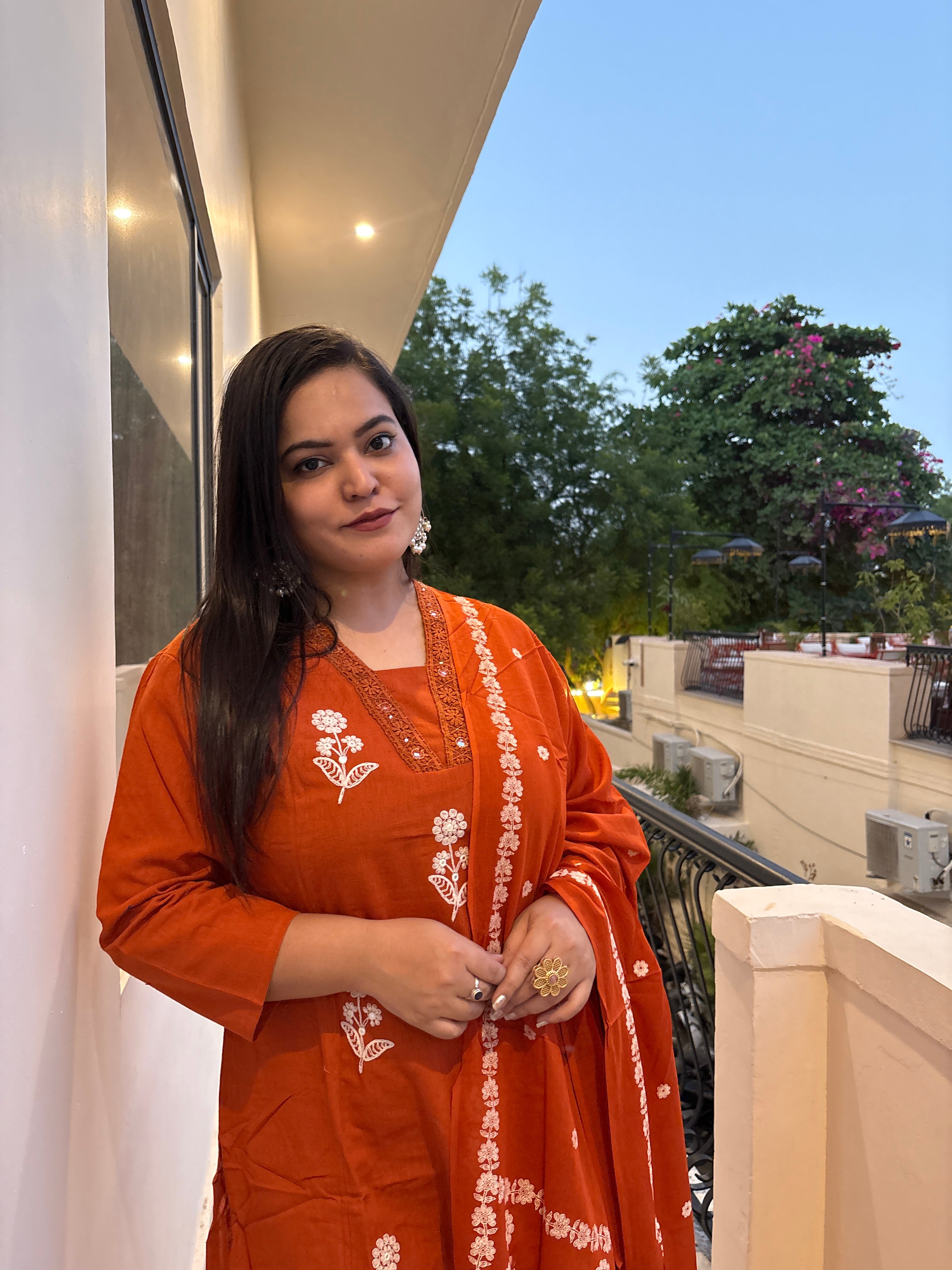 Women's Rust Orange Embroidered Kurta Set with Dupatta | Ethnic Suit Set for Women | Rangriti House