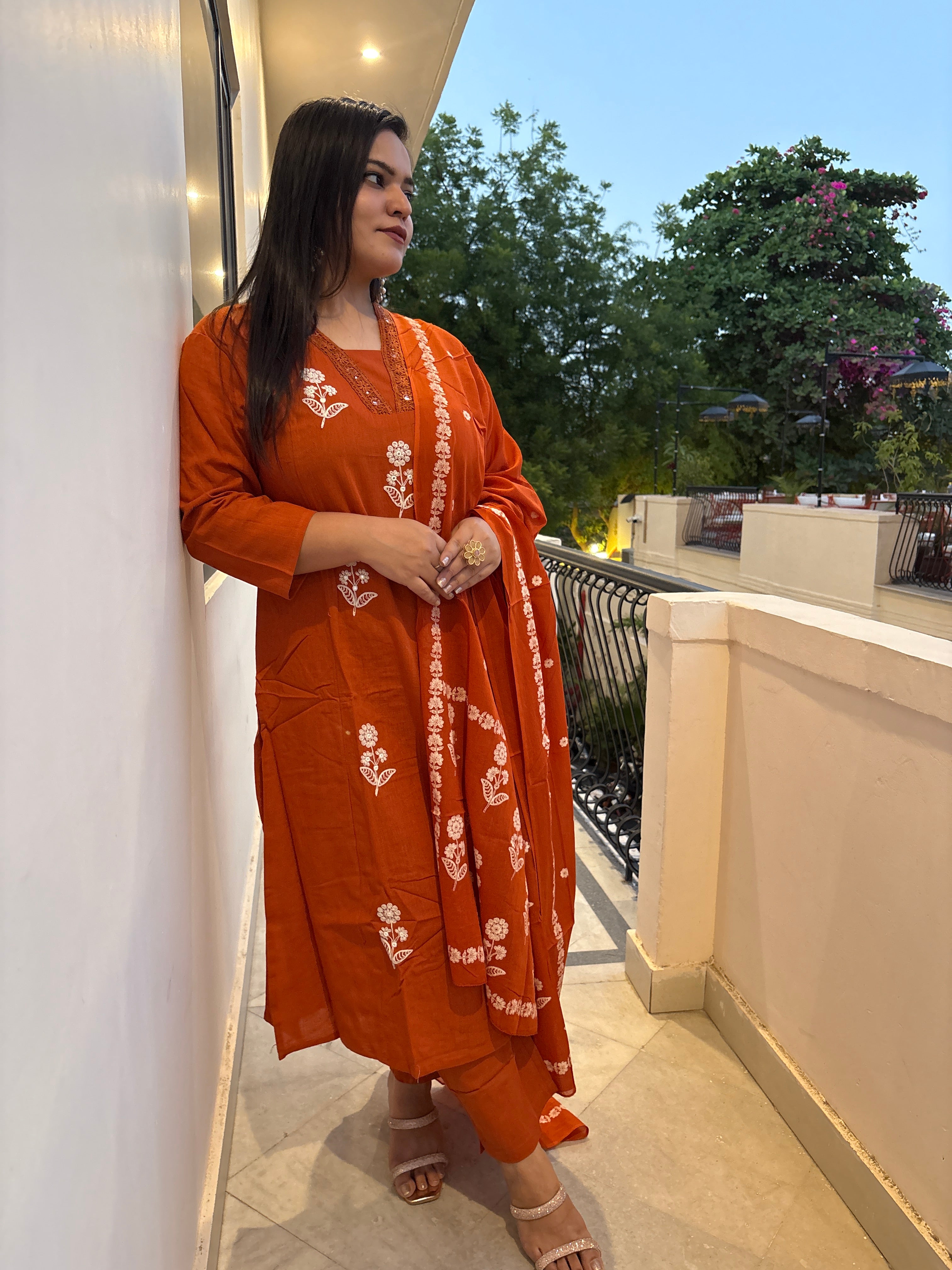 Women's Rust Orange Embroidered Kurta Set with Dupatta | Ethnic Suit Set for Women | Rangriti House