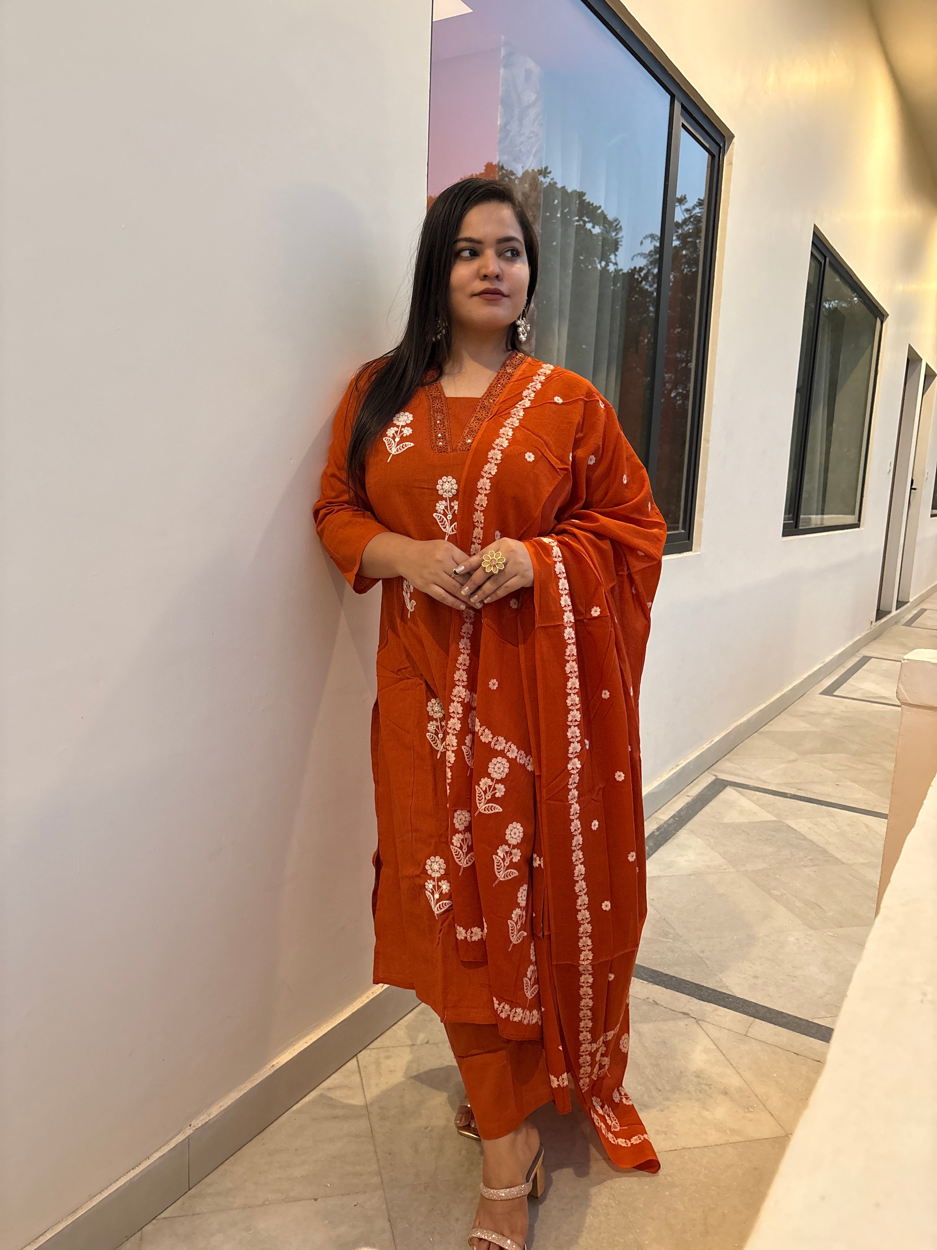 Women's Rust Orange Embroidered Kurta Set with Dupatta | Ethnic Suit Set for Women | Rangriti House