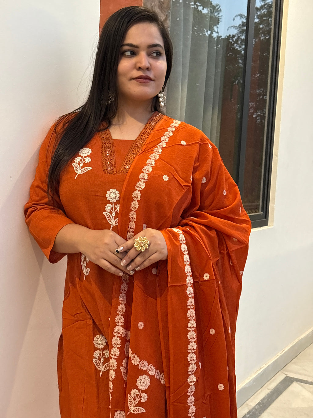 Women's Rust Orange Embroidered Kurta Set with Dupatta | Ethnic Suit Set for Women | Rangriti House