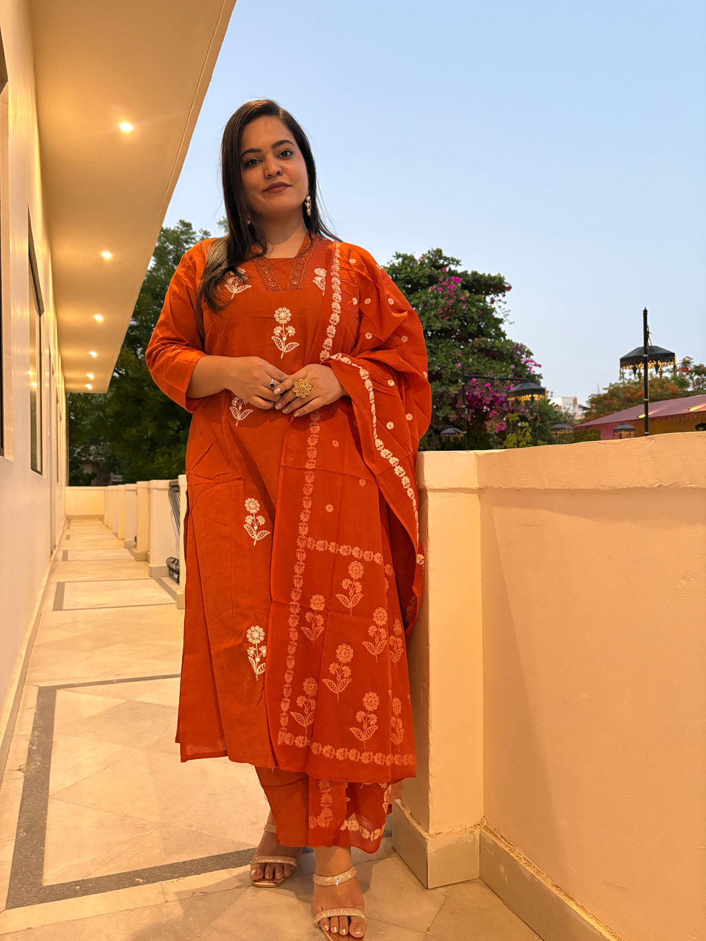 Women's Rust Orange Embroidered Kurta Set with Dupatta | Ethnic Suit Set for Women | Rangriti House