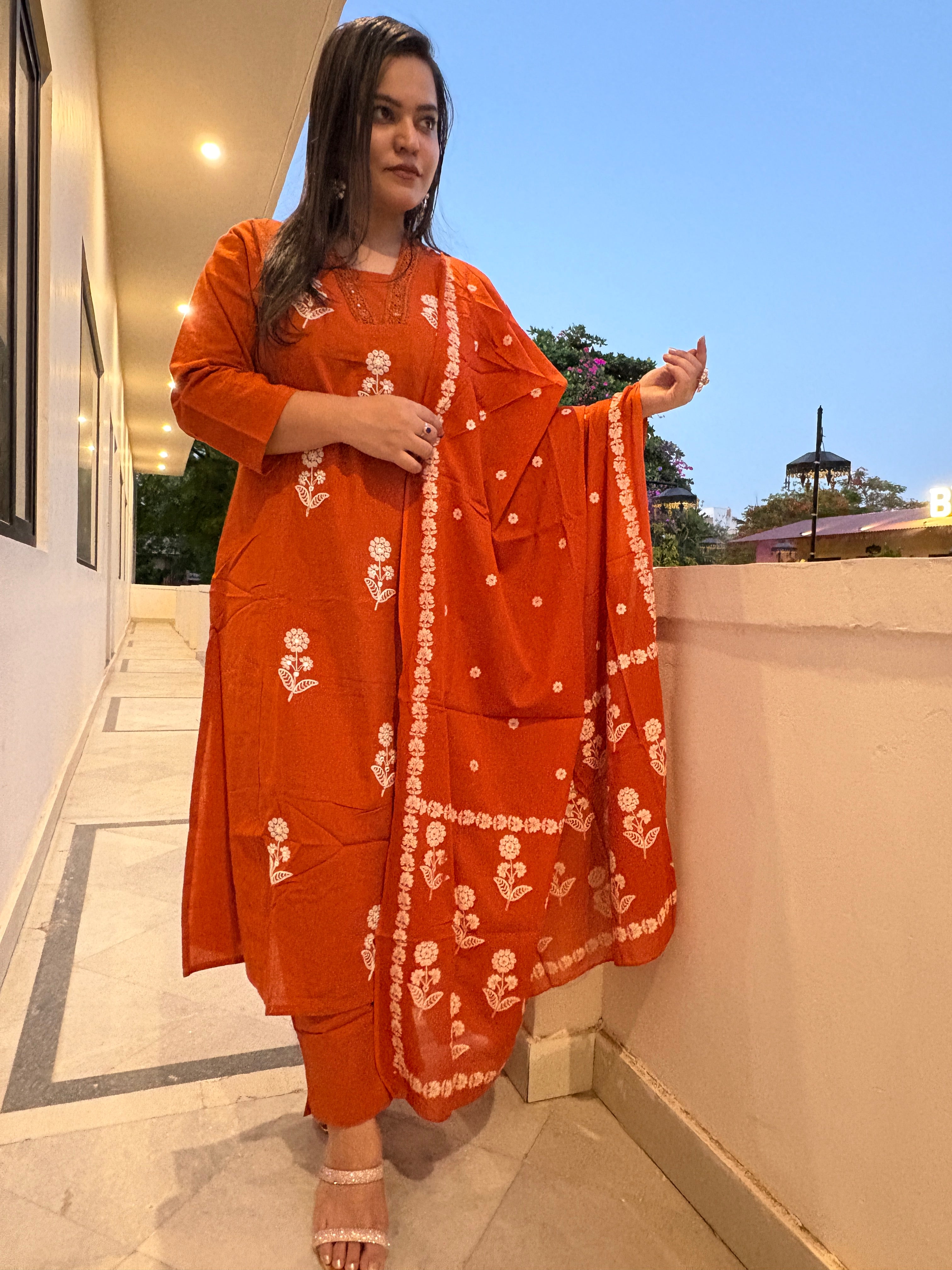 Women's Rust Orange Embroidered Kurta Set with Dupatta | Ethnic Suit Set for Women | Rangriti House