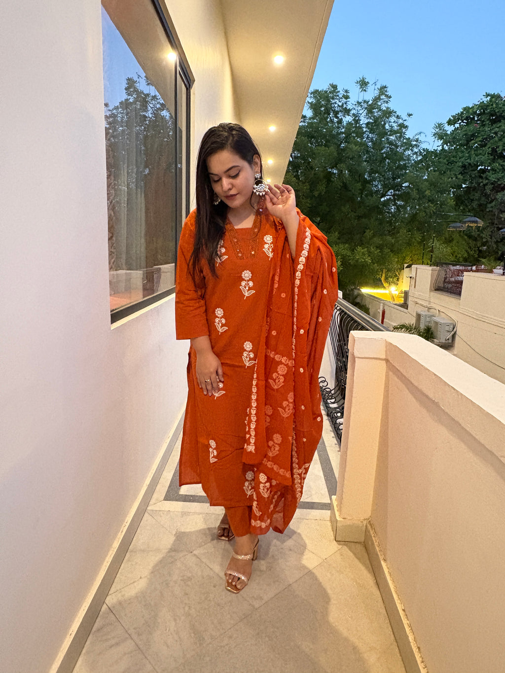 Women's Rust Orange Embroidered Kurta Set with Dupatta | Ethnic Suit Set for Women | Rangriti House