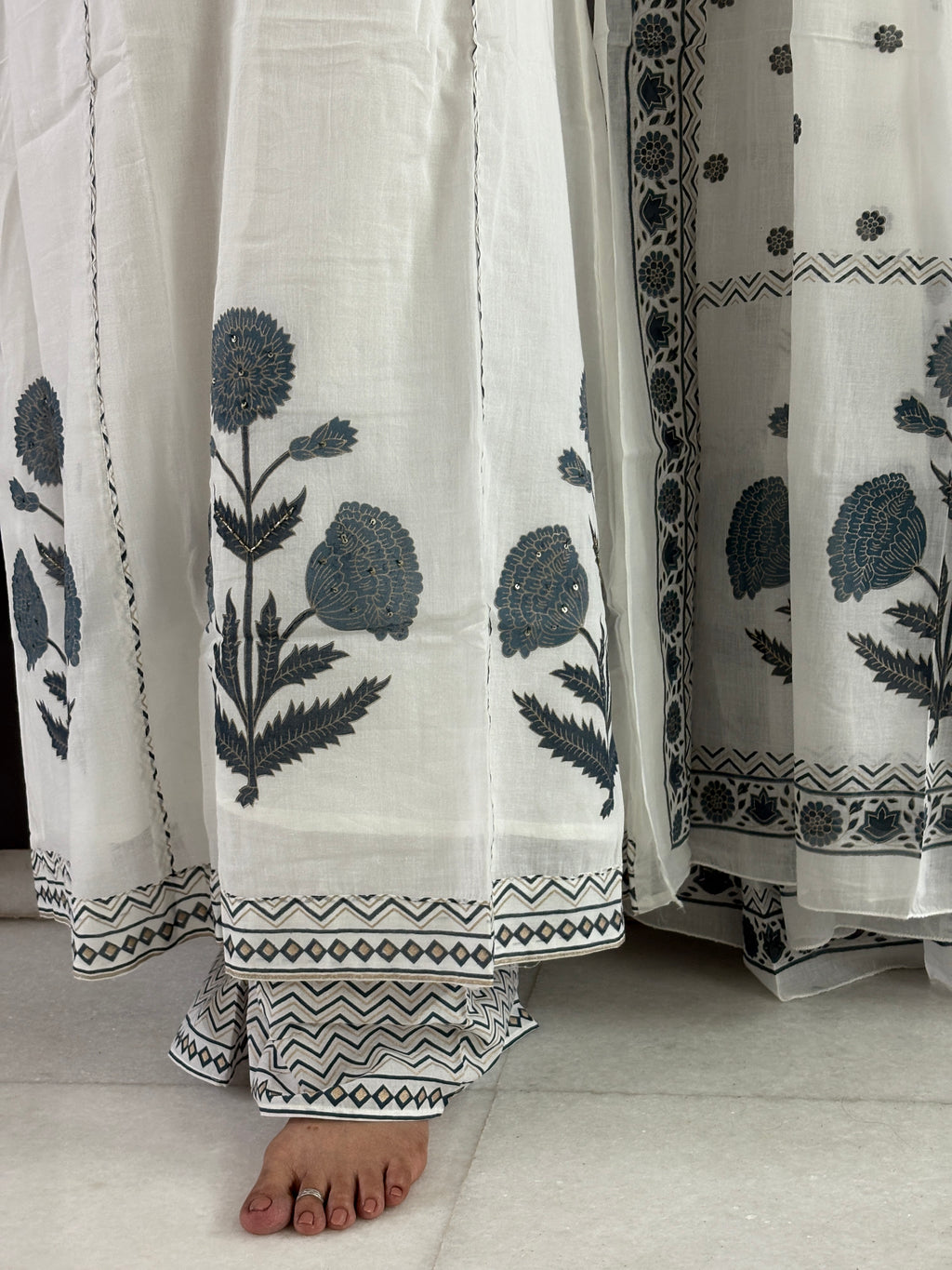 Women's White Floral Printed Cotton Kurta Set with Dupatta | Ethnic Wear | Rangriti House