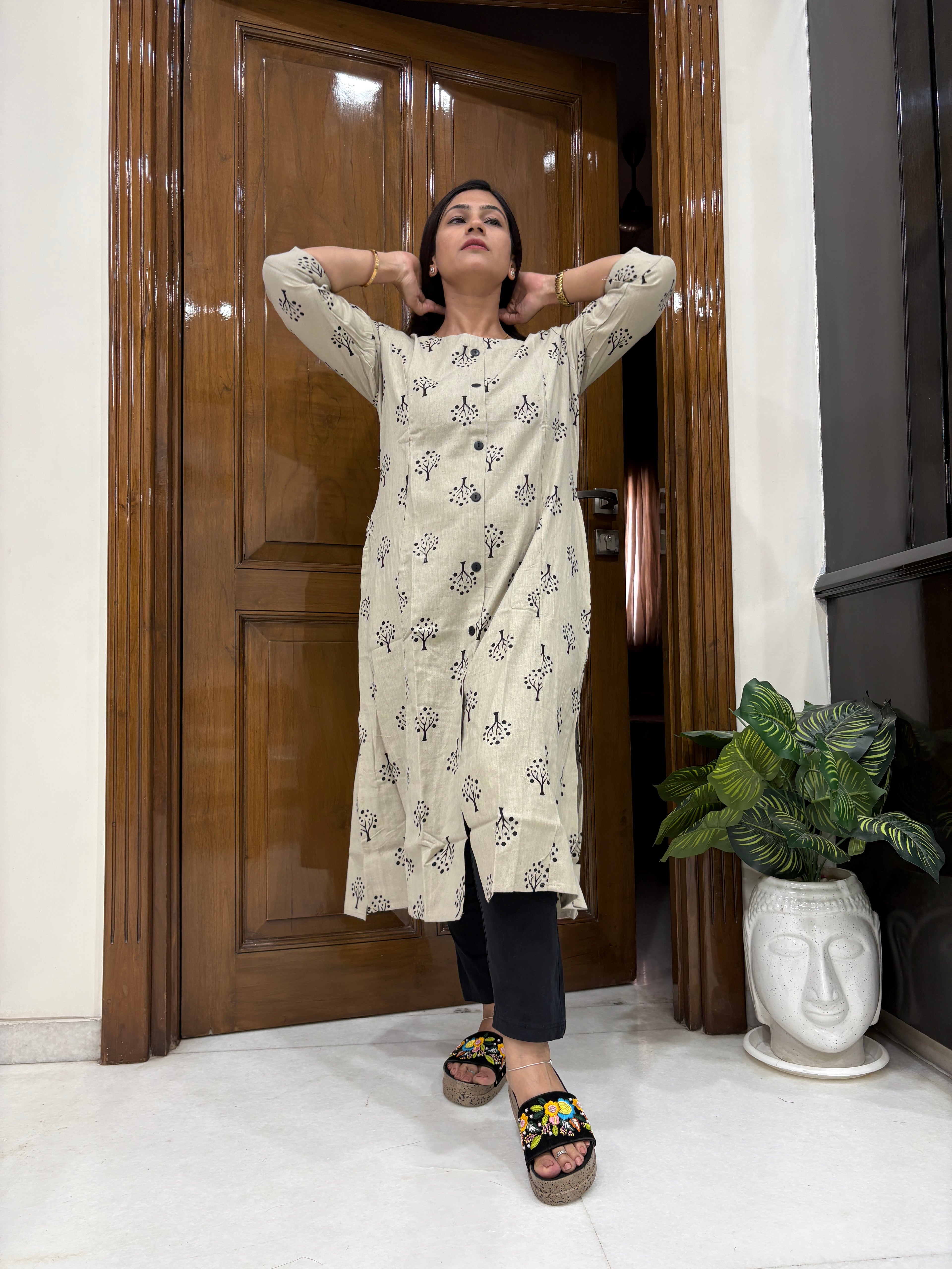 Women's Beige Printed Cotton Kurta | Casual Straight Kurti for Women | Rangriti House