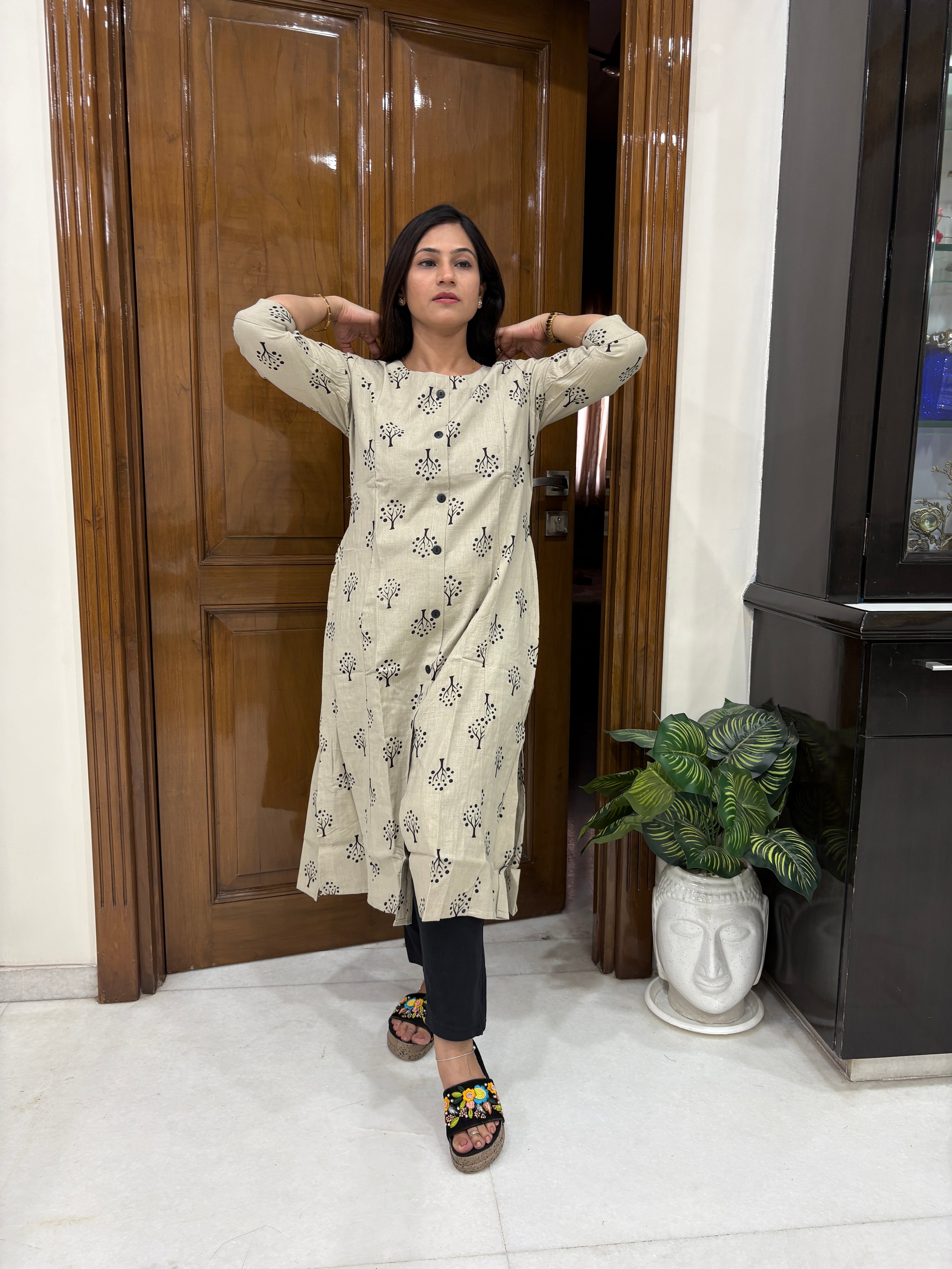 Women's Beige Printed Cotton Kurta | Casual Straight Kurti for Women | Rangriti House