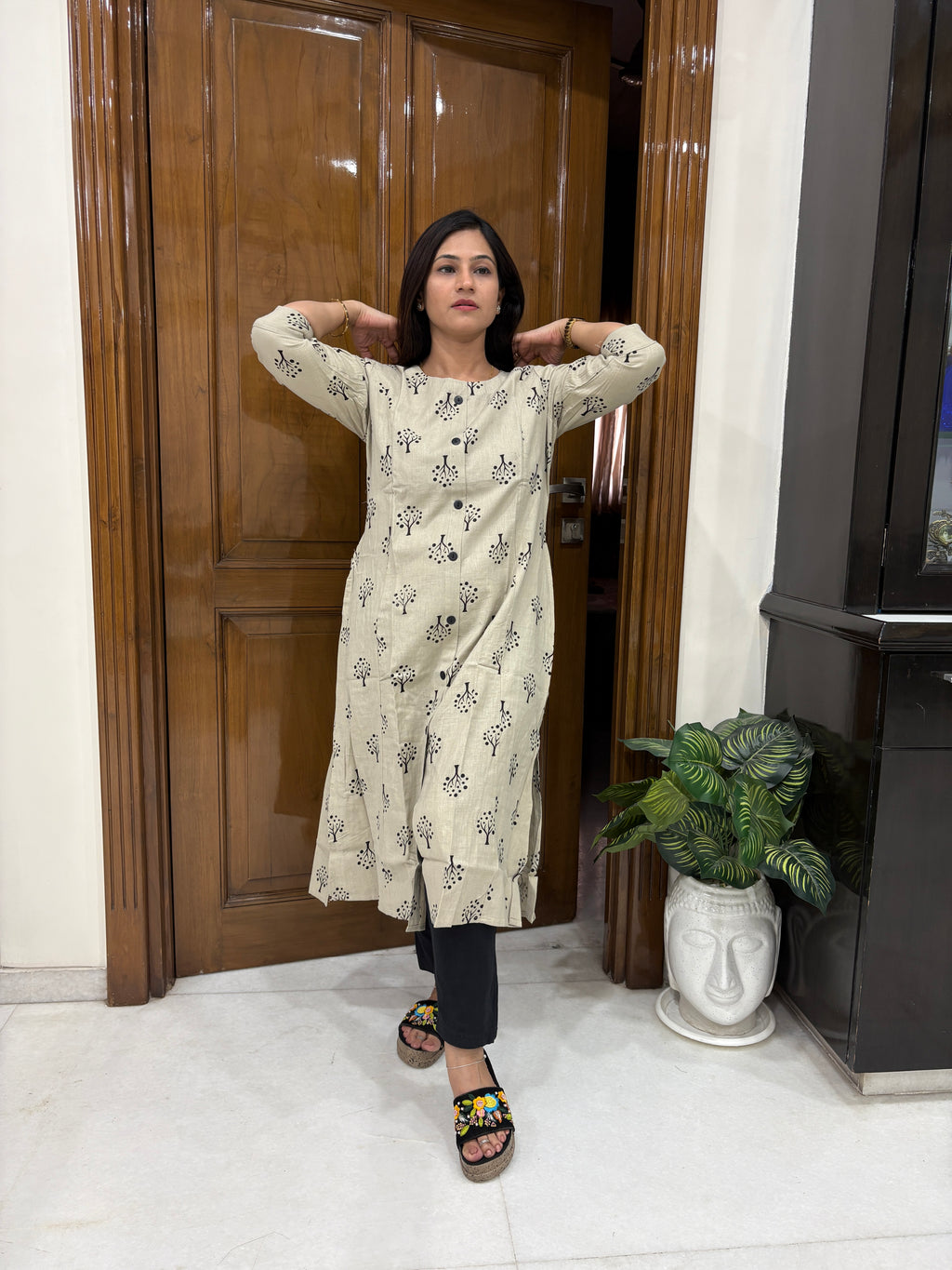 Women's Beige Printed Cotton Kurta | Casual Straight Kurti for Women | Rangriti House