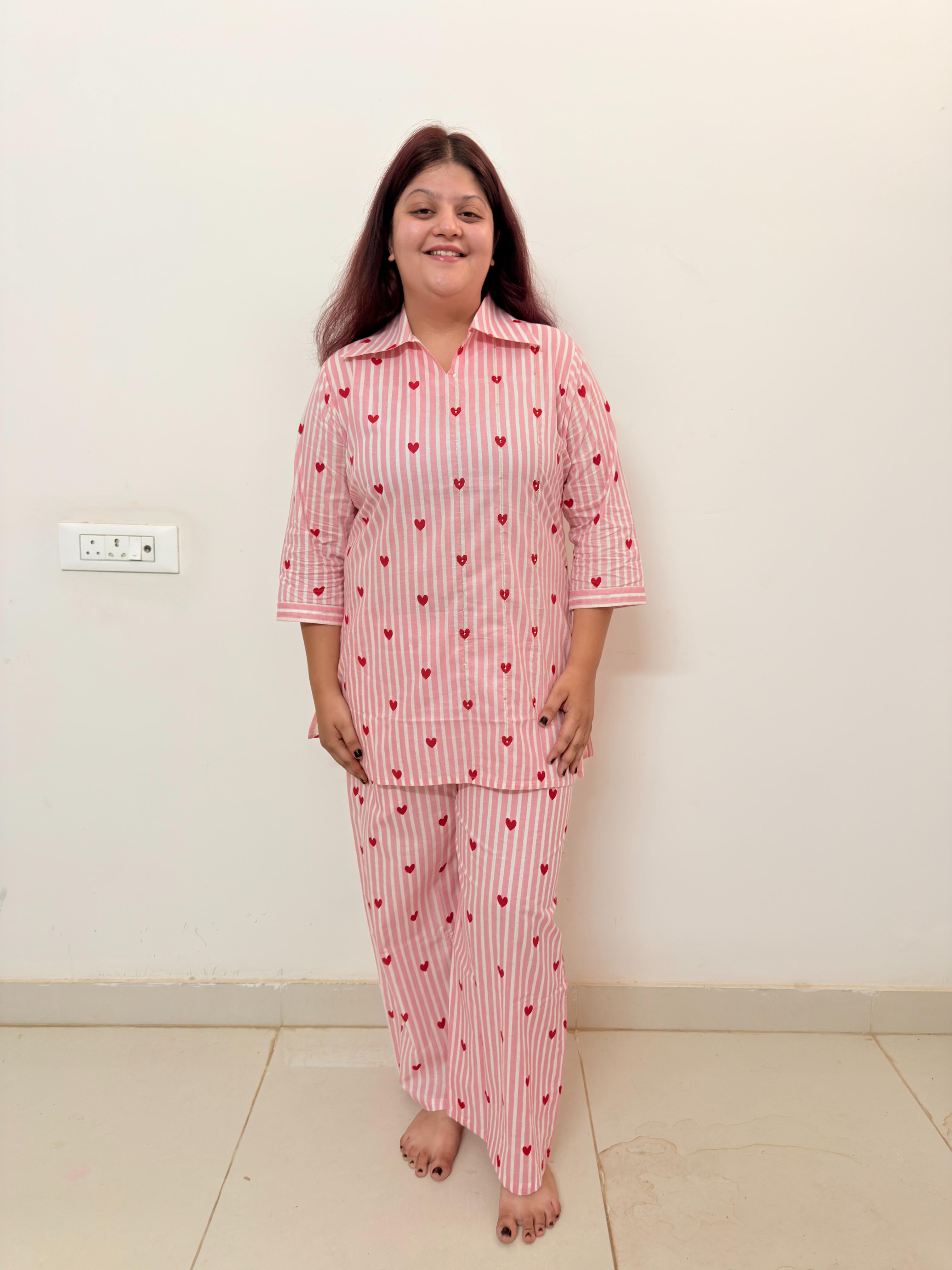 Women's Pink Heart Print Cotton Suit Set | Comfortable Lounge Wear for Women | Rangriti House