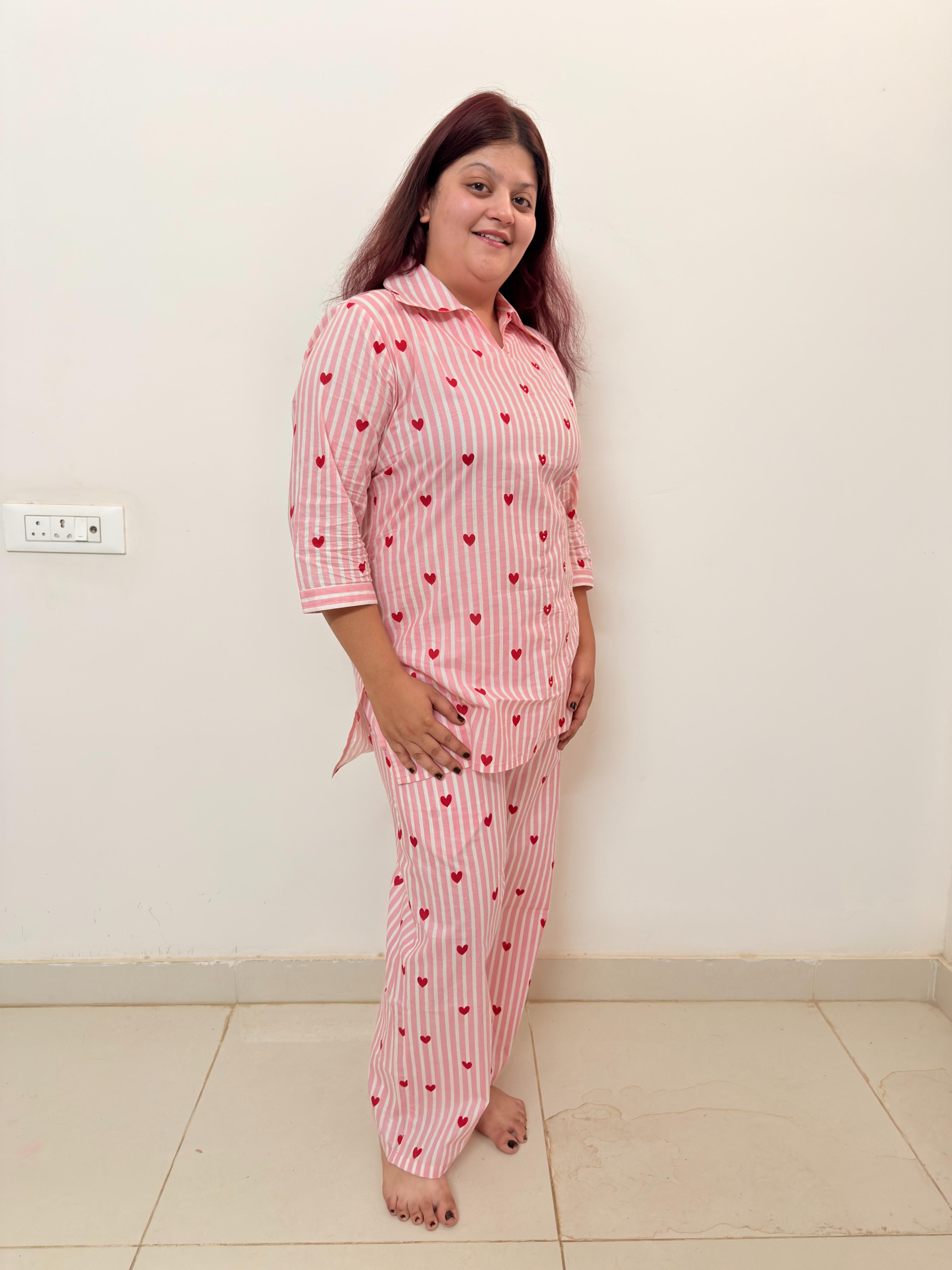 Women's Pink Heart Print Cotton Suit Set | Comfortable Lounge Wear for Women | Rangriti House
