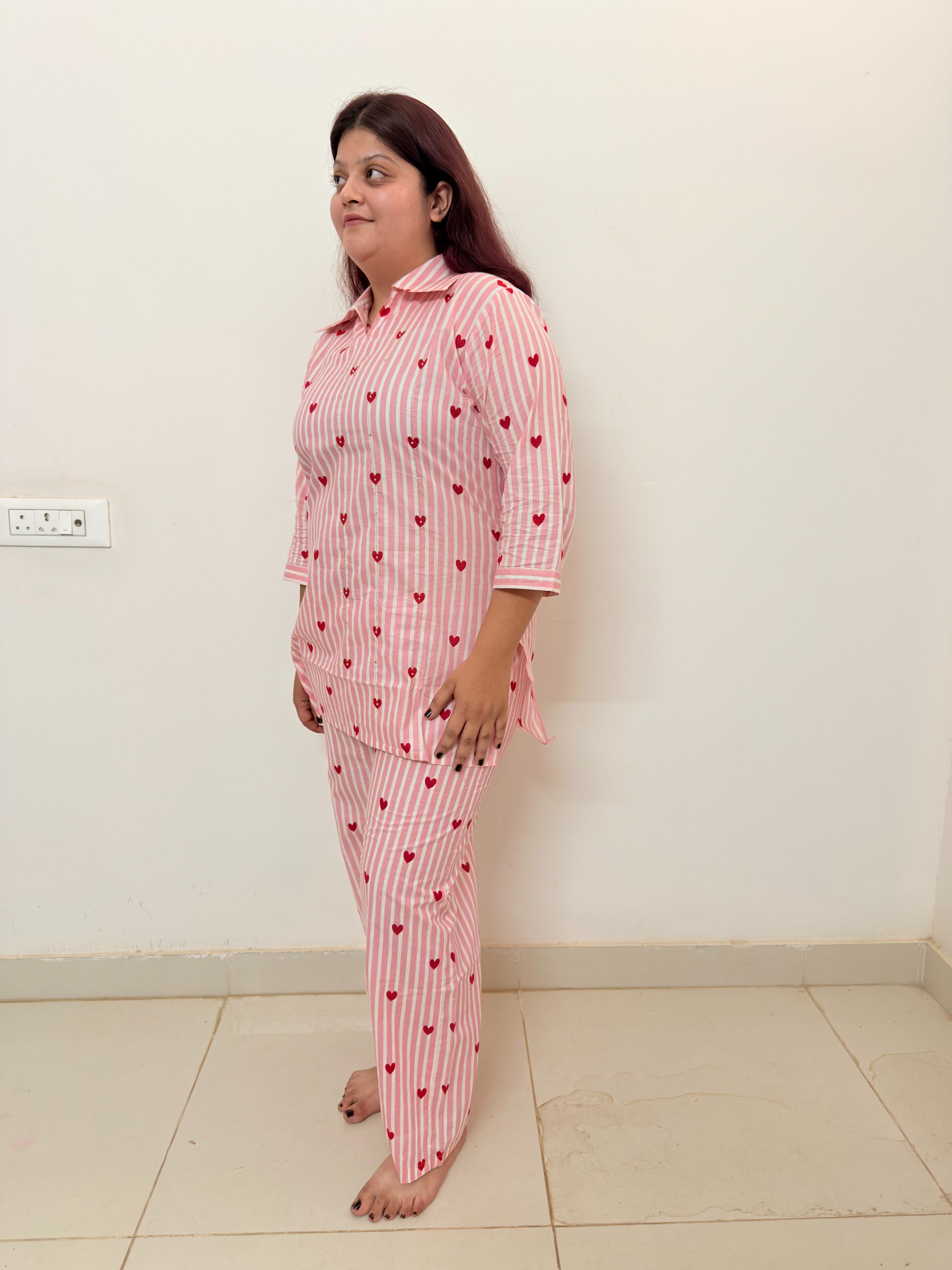 Women's Pink Heart Print Cotton Suit Set | Comfortable Lounge Wear for Women | Rangriti House