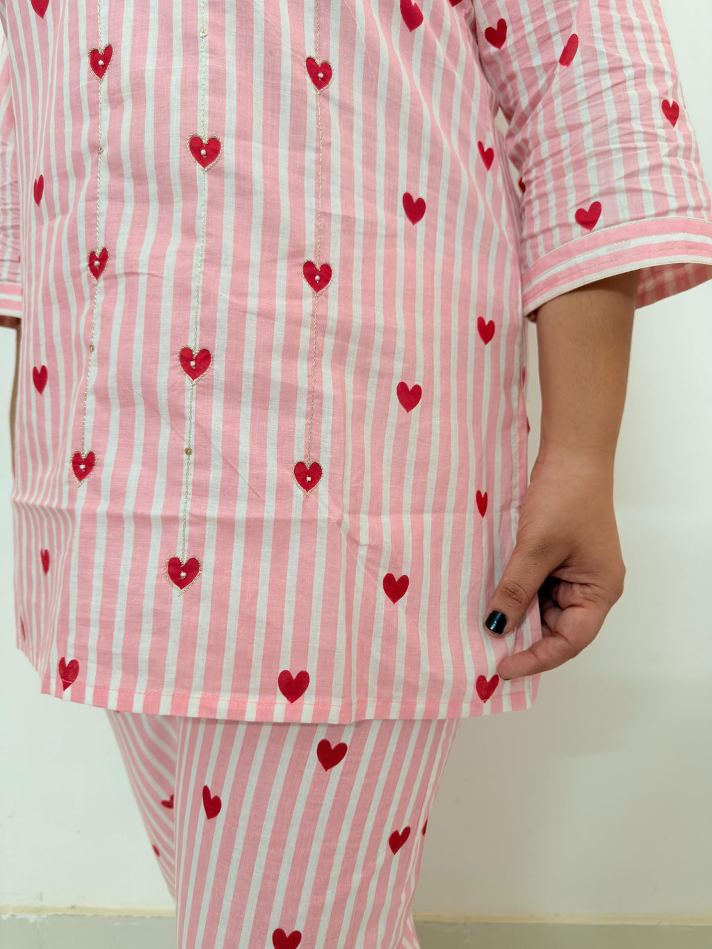 Women's Pink Heart Print Cotton Suit Set | Comfortable Lounge Wear for Women | Rangriti House