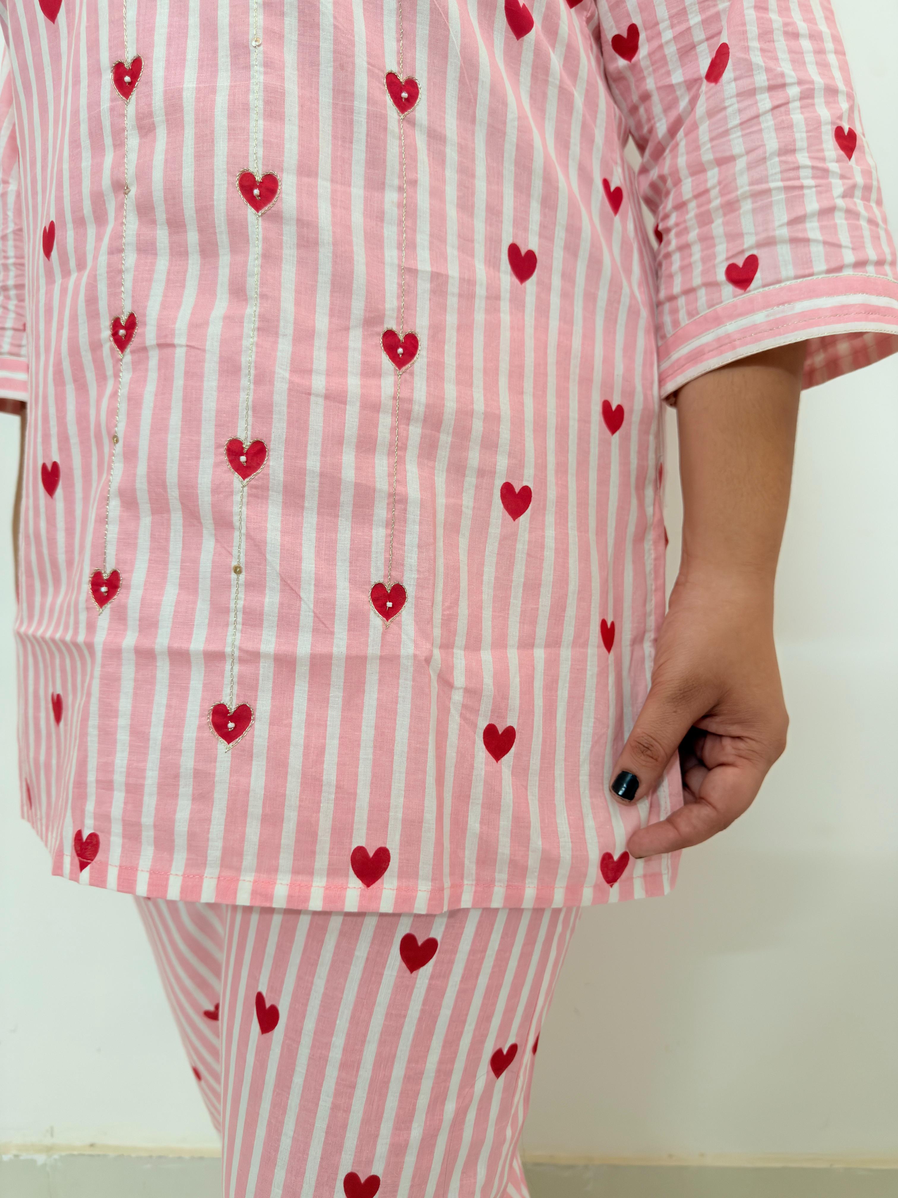 Women's Pink Heart Print Cotton Suit Set | Comfortable Lounge Wear for Women | Rangriti House