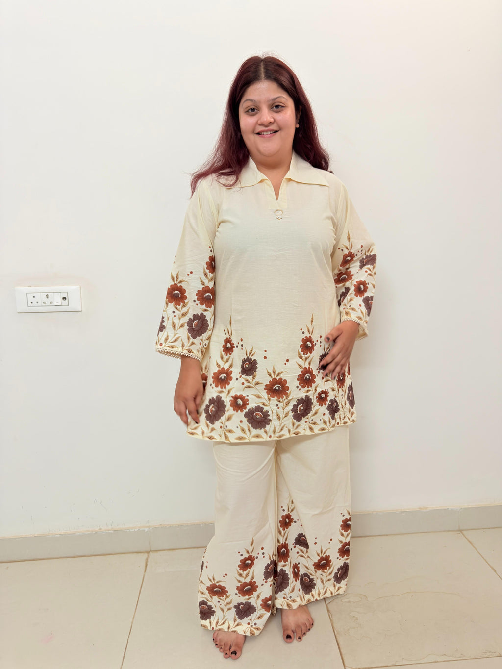 Women's Floral Print Co-Ord Set | Cream Lounge Wear Set for Women | Rangriti House