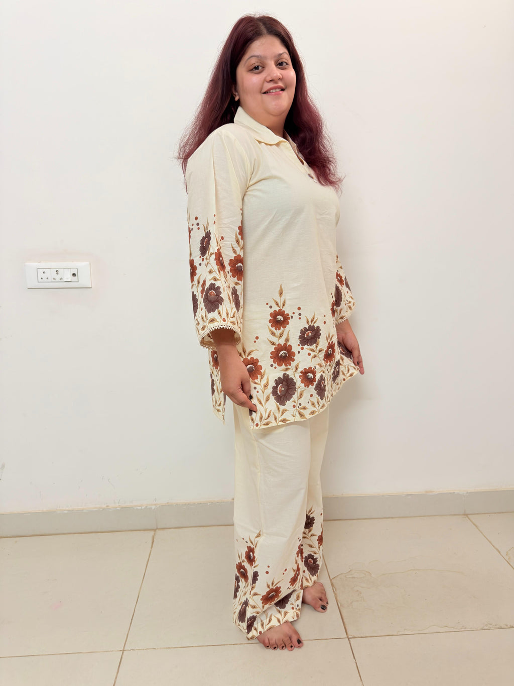 Women's Floral Print Co-Ord Set | Cream Lounge Wear Set for Women | Rangriti House