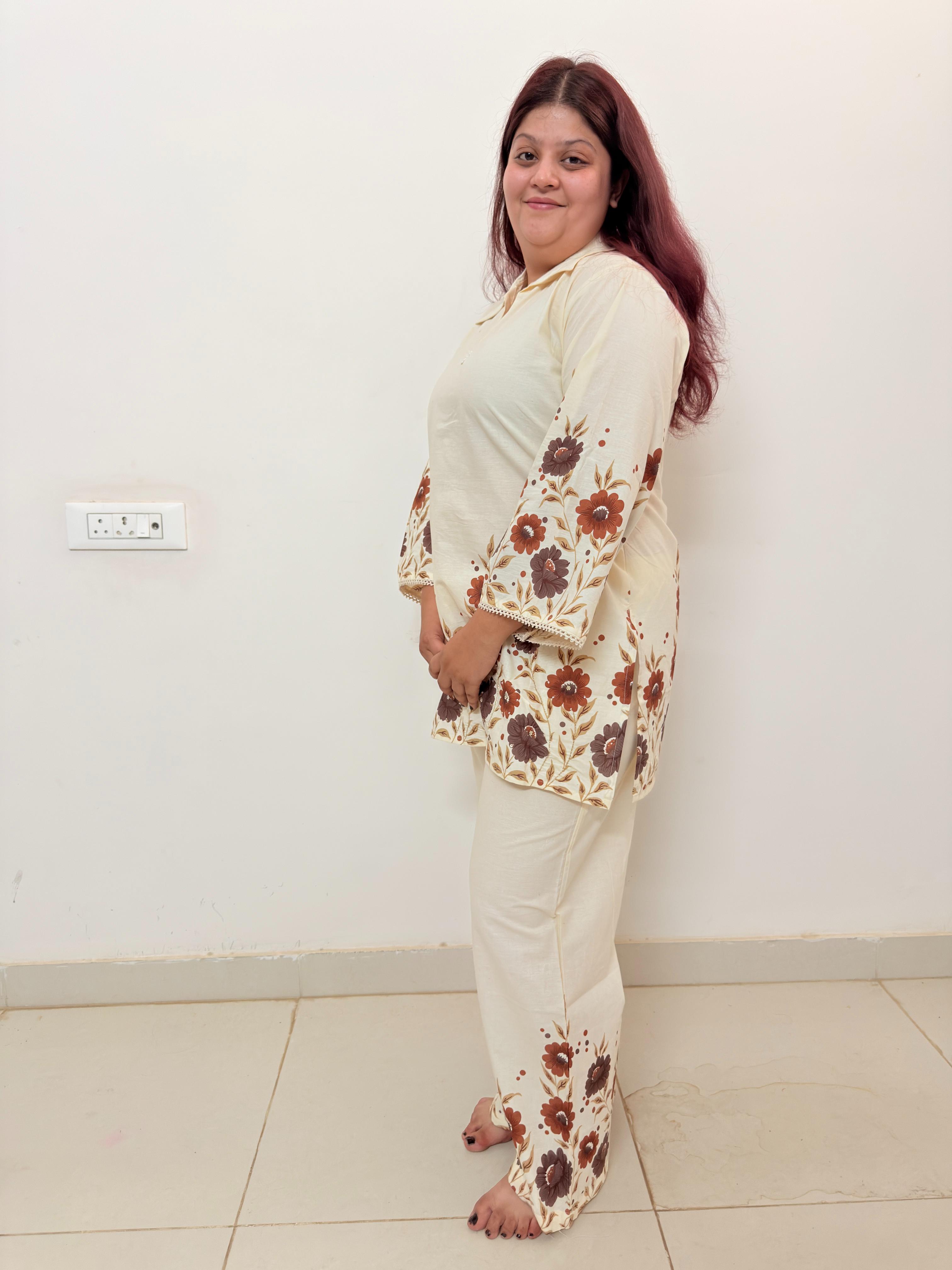 Women's Floral Print Co-Ord Set | Cream Lounge Wear Set for Women | Rangriti House