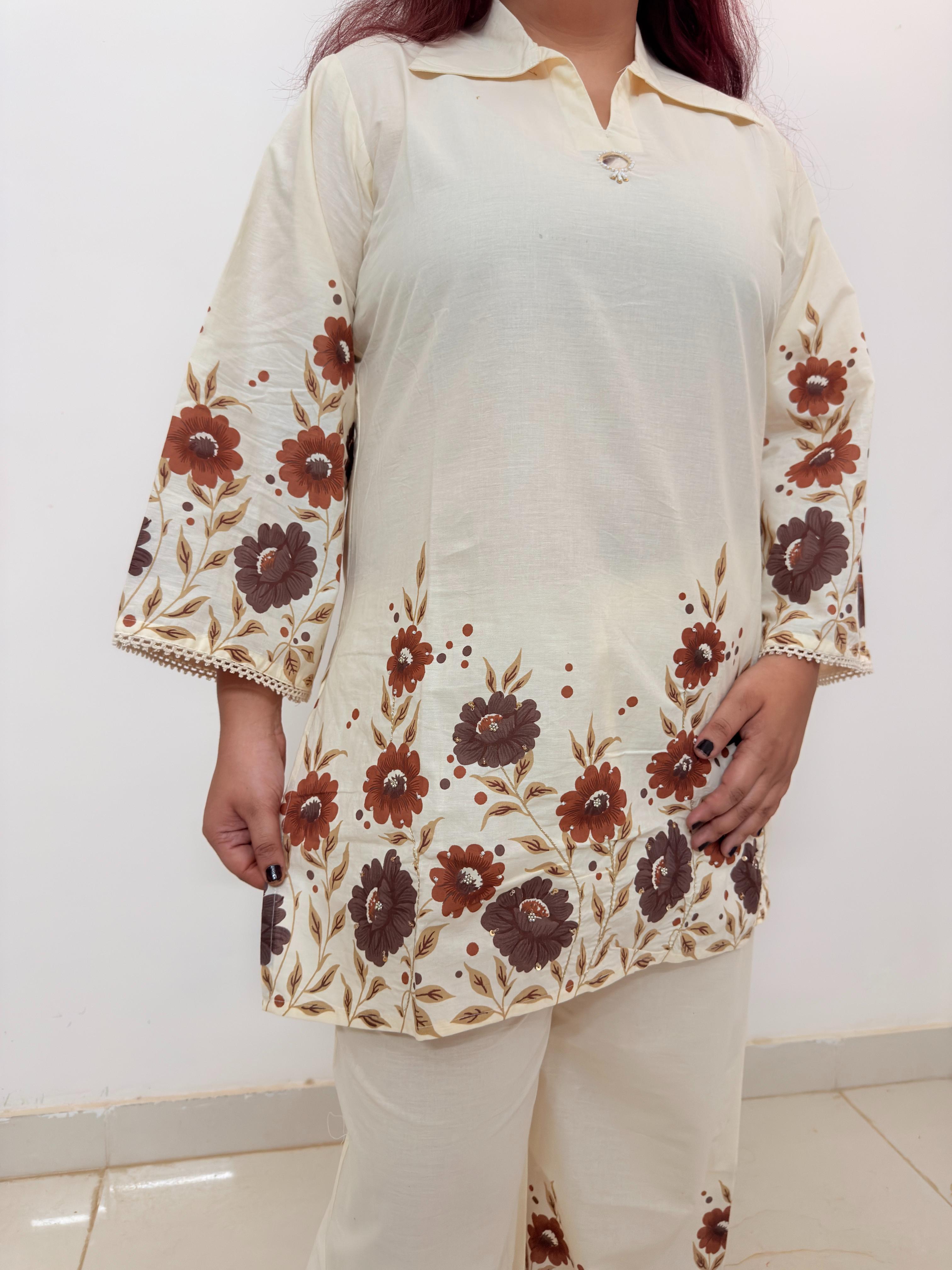 Women's Floral Print Co-Ord Set | Cream Lounge Wear Set for Women | Rangriti House