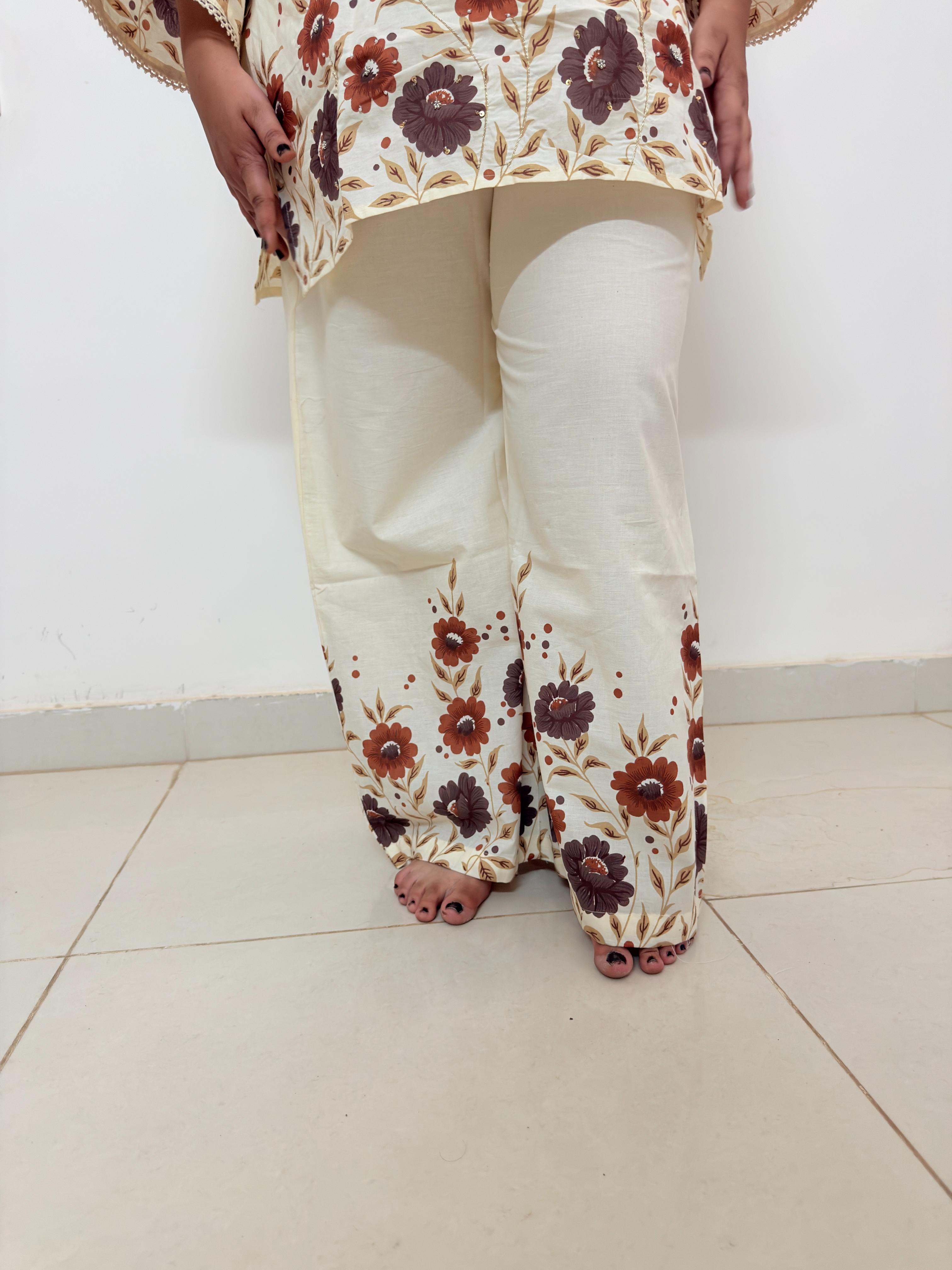 Women's Floral Print Co-Ord Set | Cream Lounge Wear Set for Women | Rangriti House
