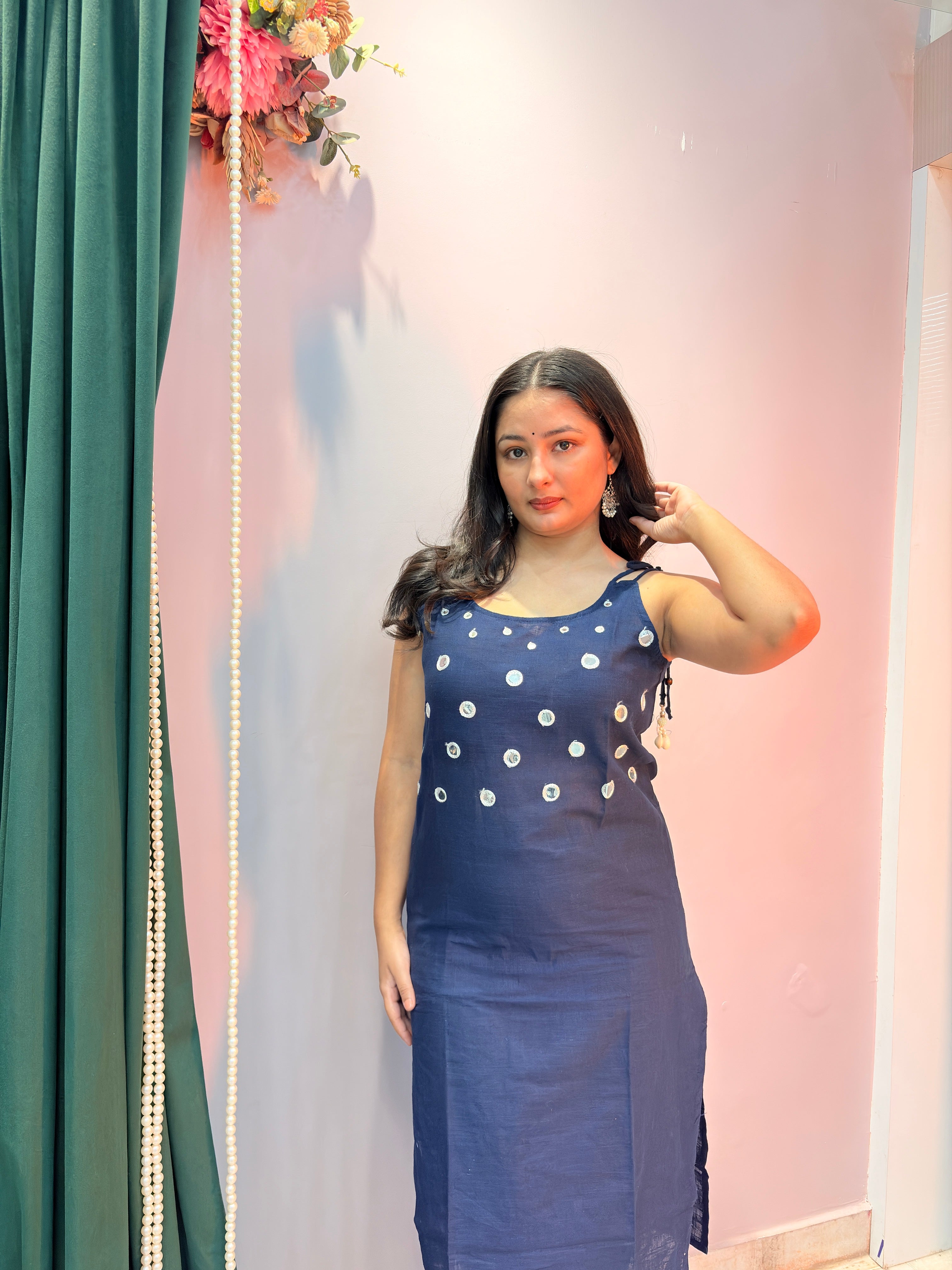 Elegant Navy Blue Printed Cotton Kurta Set