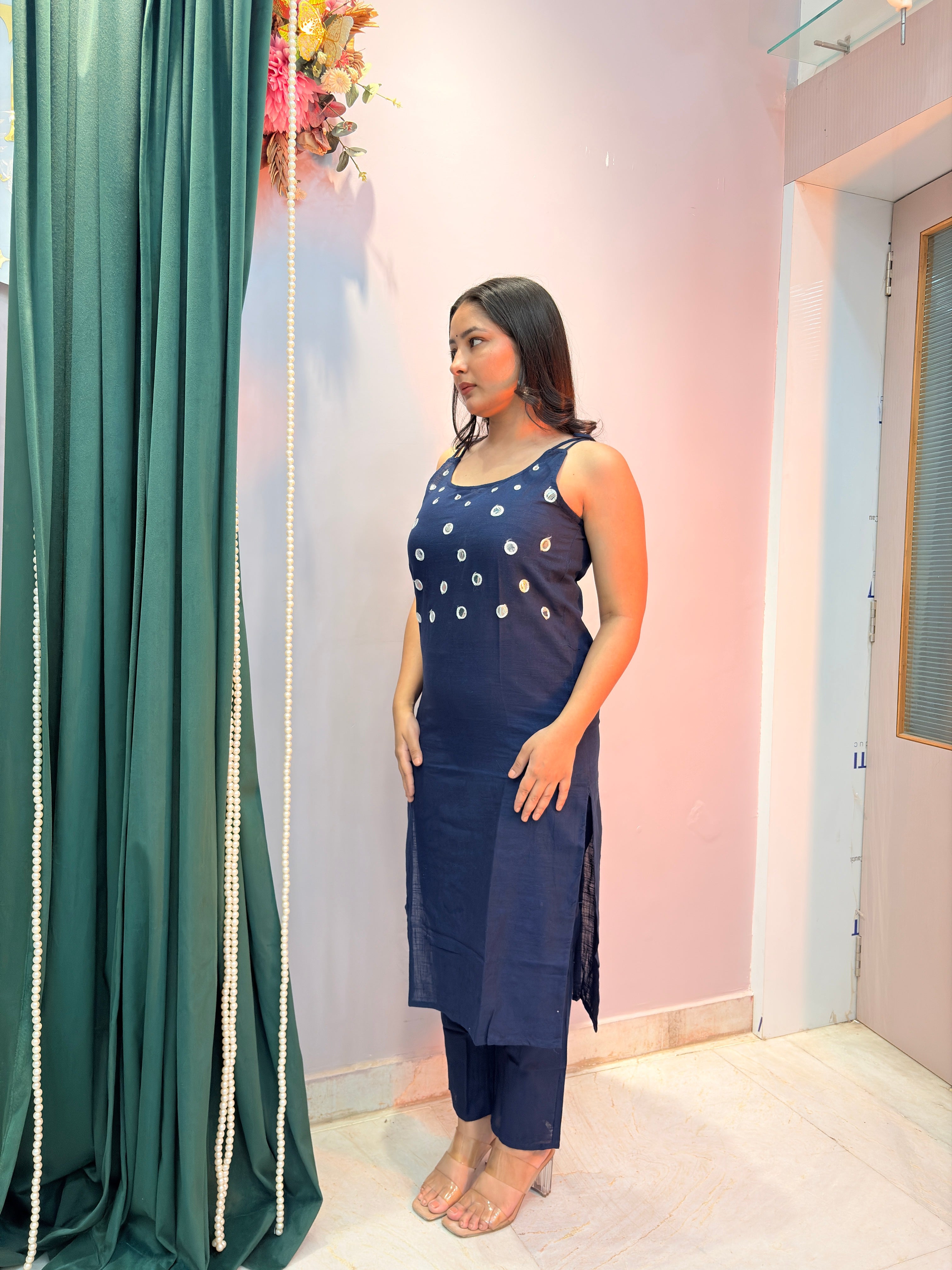 Elegant Navy Blue Printed Cotton Kurta Set