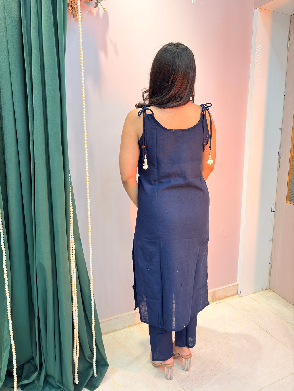 Elegant Navy Blue Printed Cotton Kurta Set