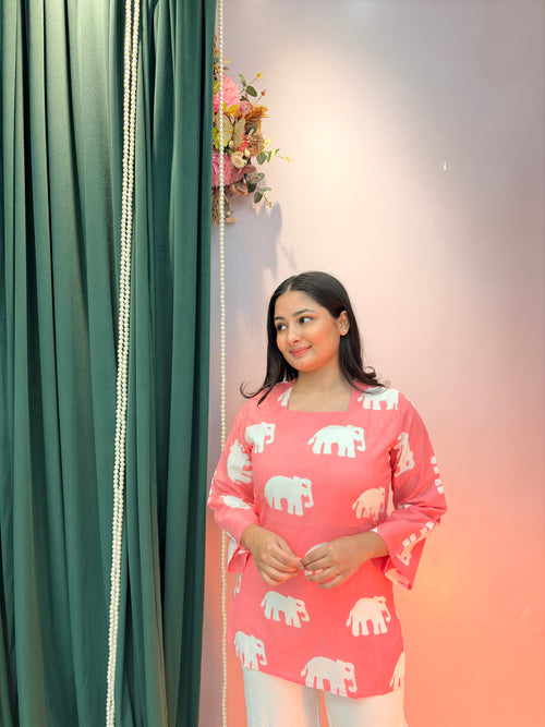 Blush Pink Elephant Print Cotton Top