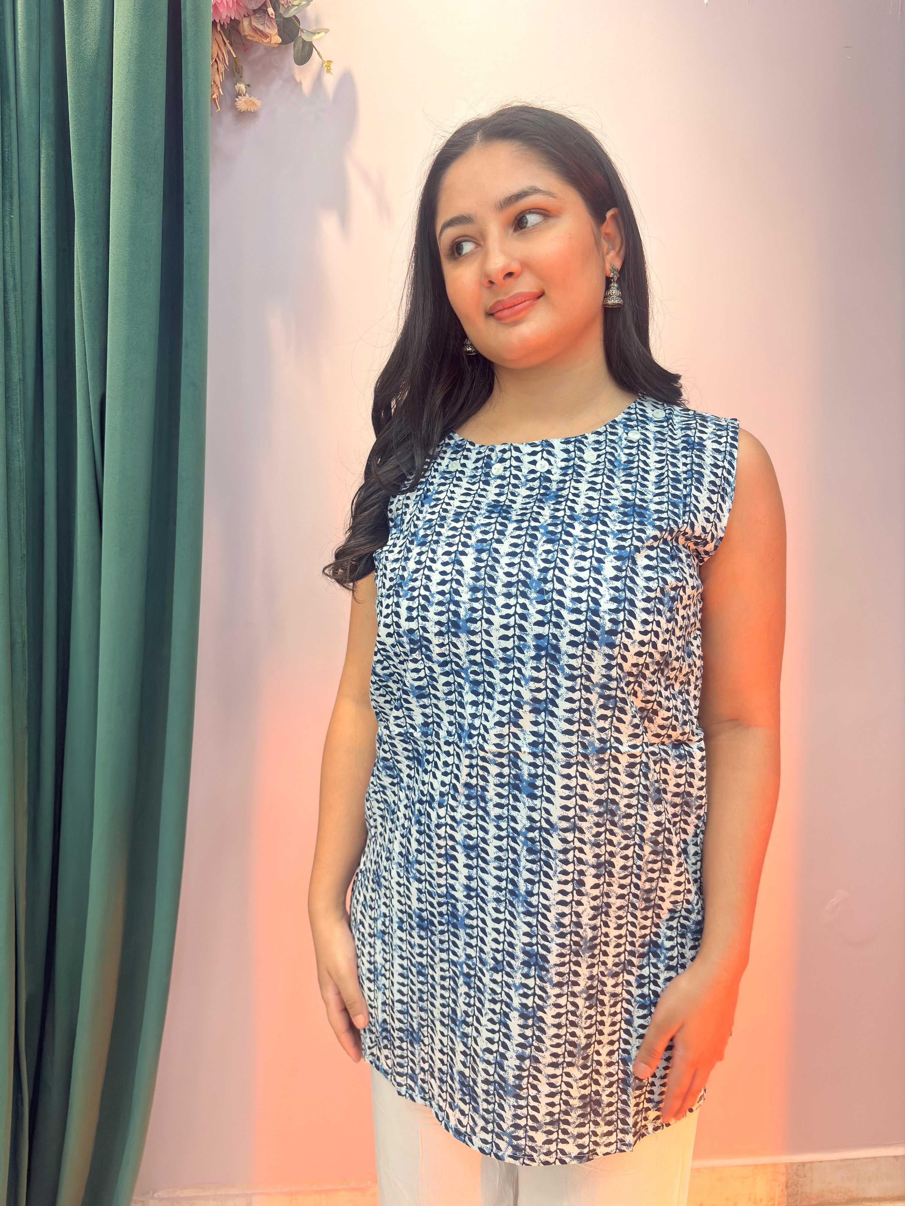 Indigo Print Cotton Sleeveless Top