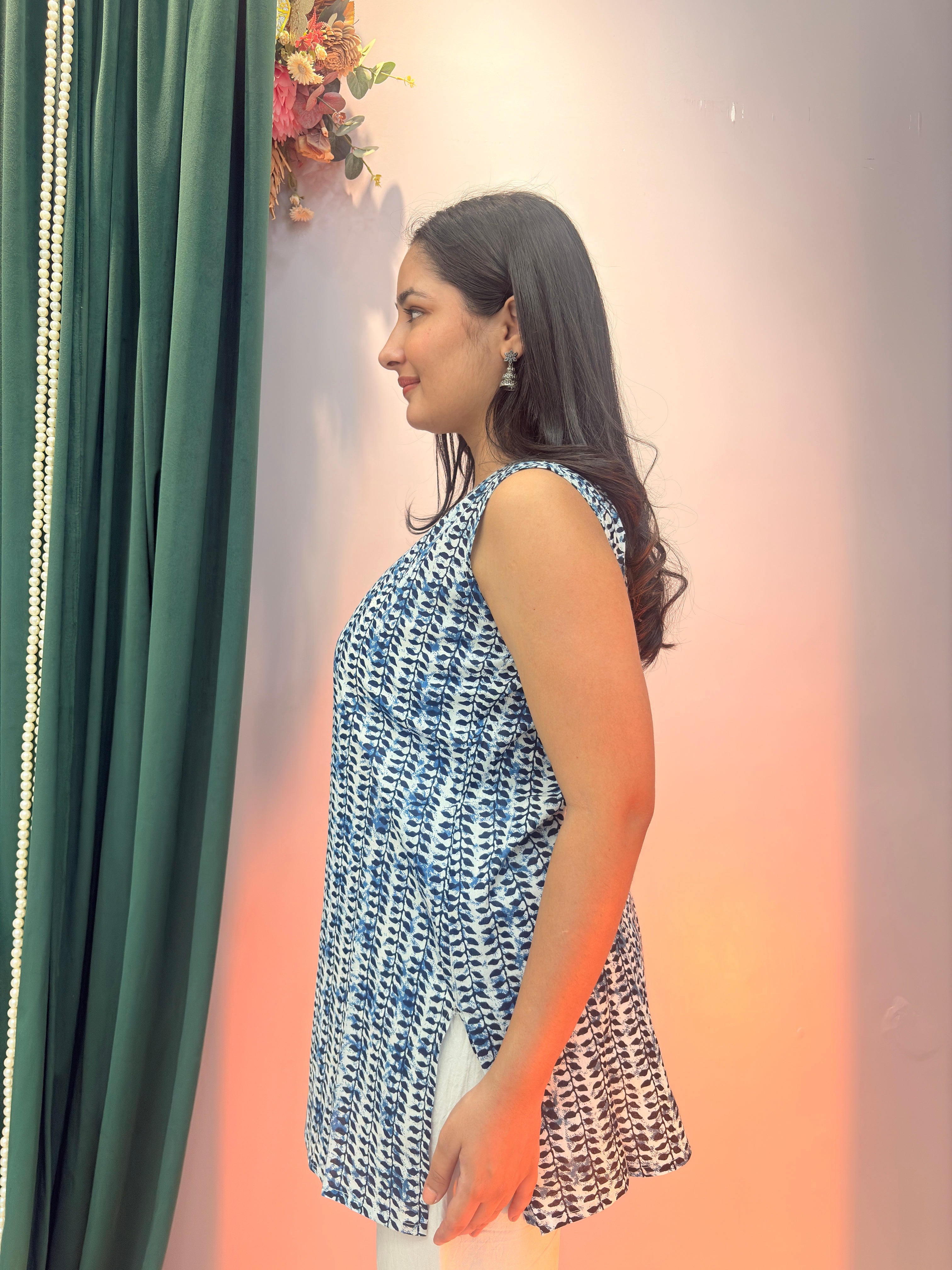 Indigo Print Cotton Sleeveless Top