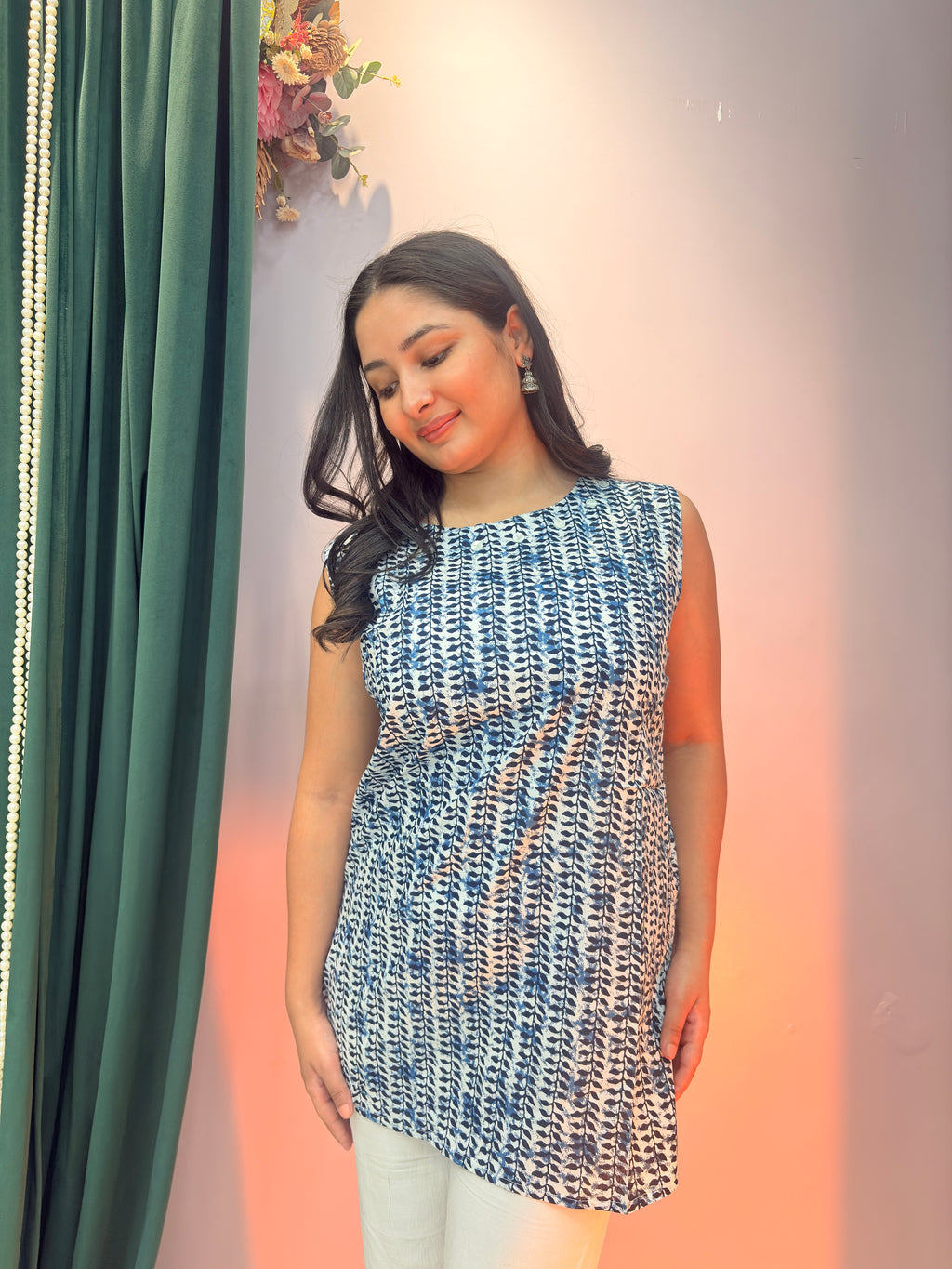 Indigo Print Cotton Sleeveless Top