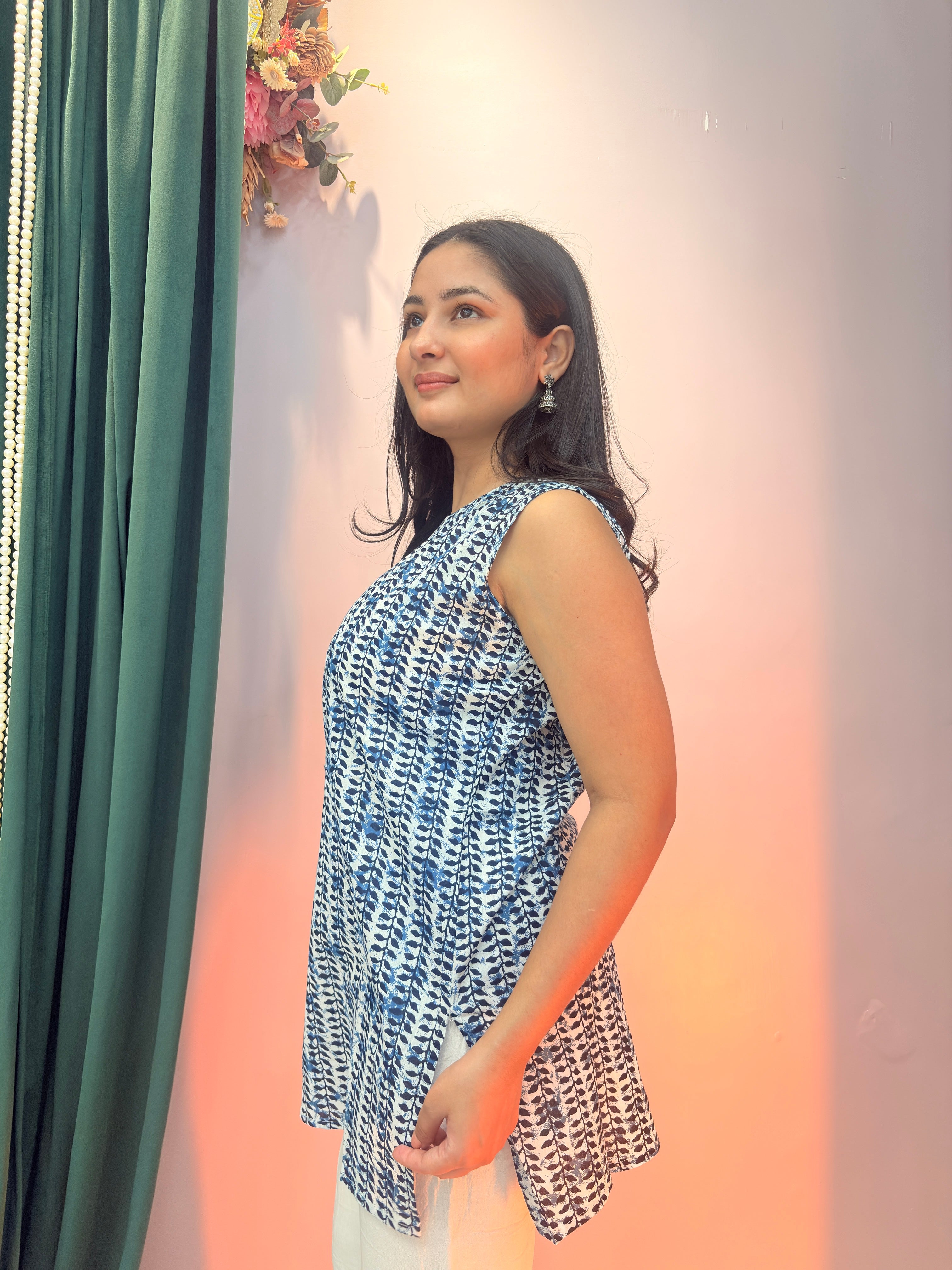 Indigo Print Cotton Sleeveless Top