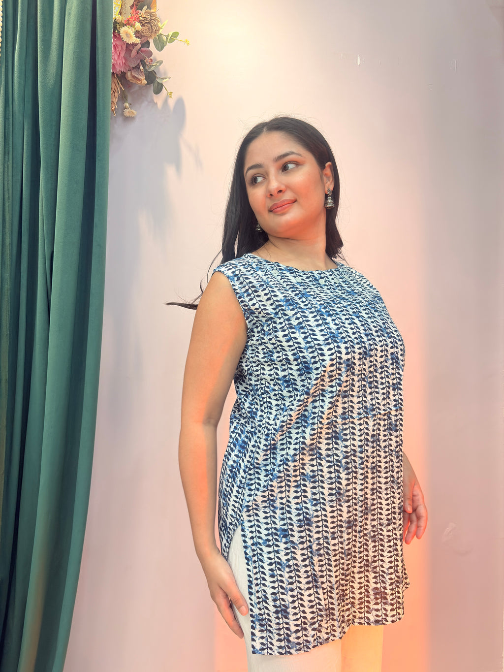 Indigo Print Cotton Sleeveless Top