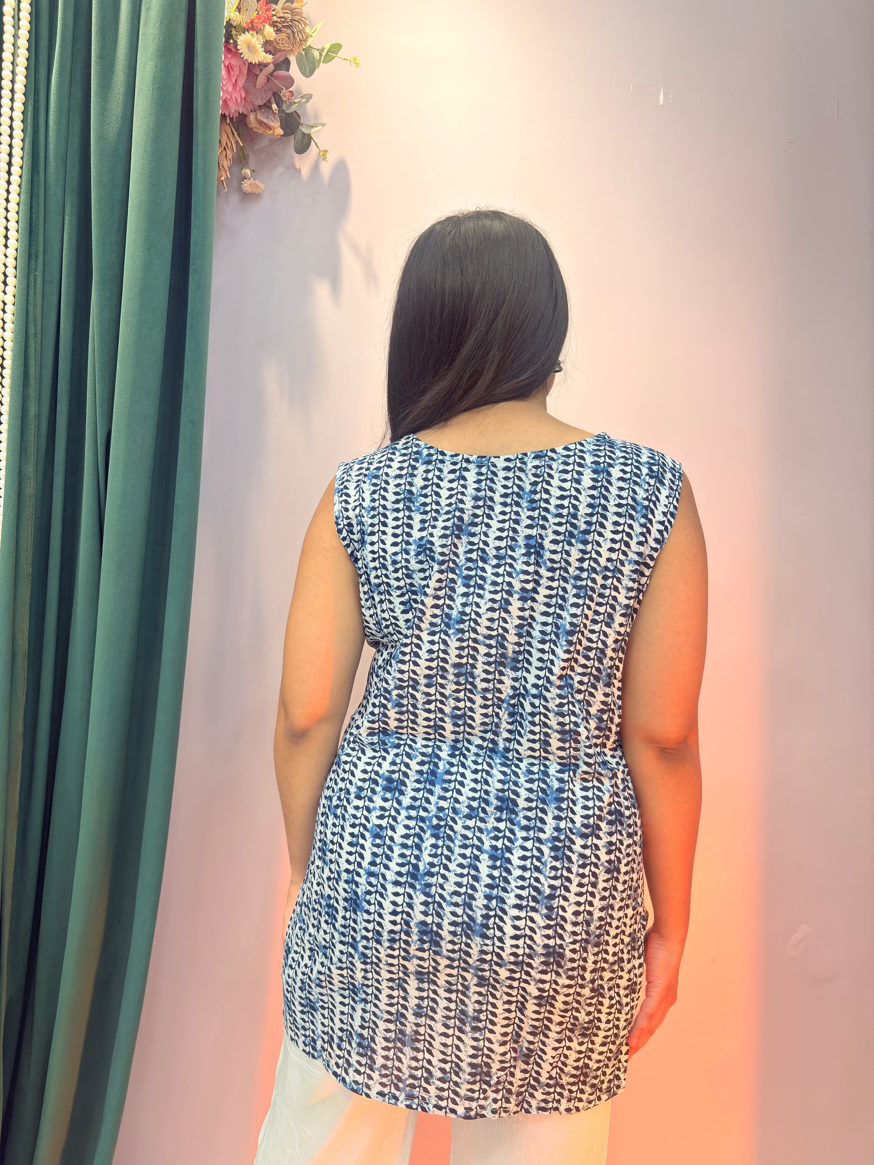 Indigo Print Cotton Sleeveless Top