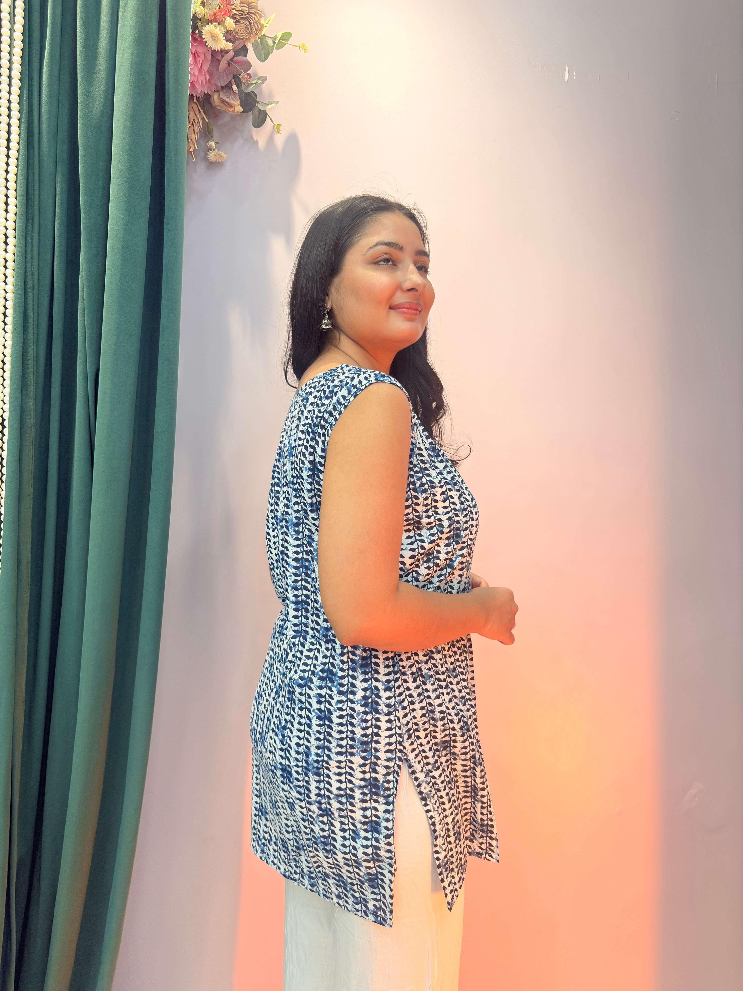 Indigo Print Cotton Sleeveless Top
