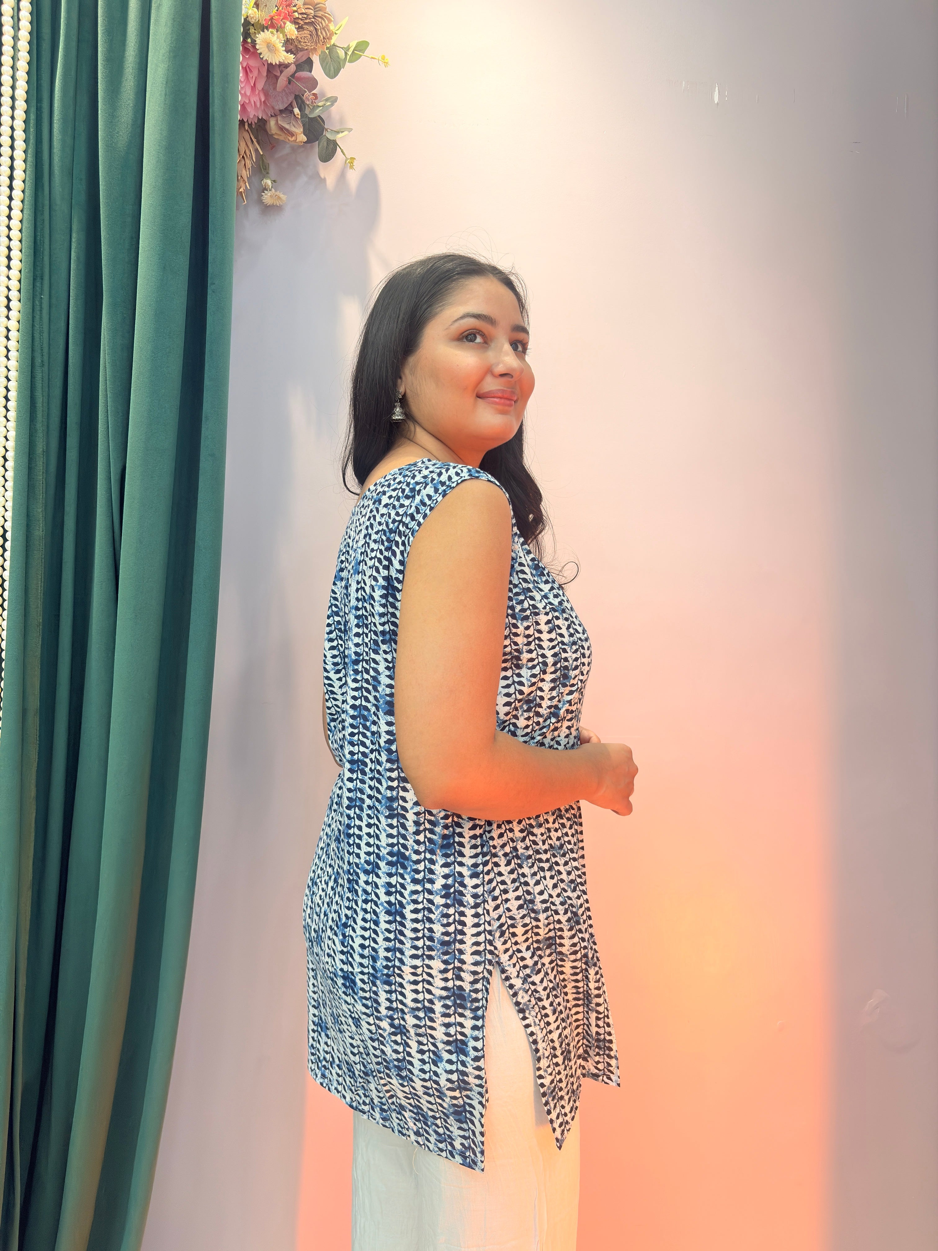 Indigo Print Cotton Sleeveless Top