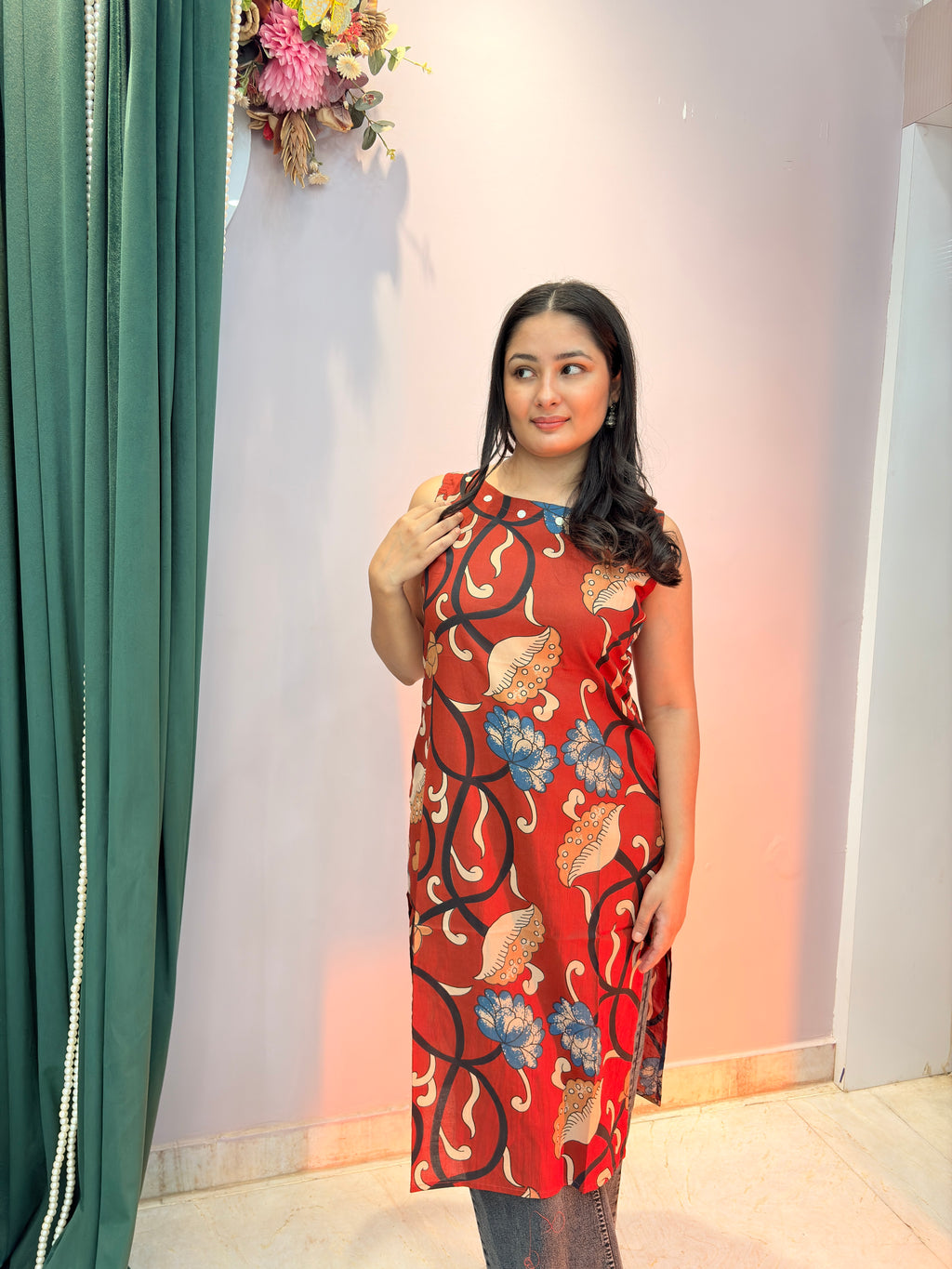 Bold Red Abstract Printed Sleeveless Cotton Kurti