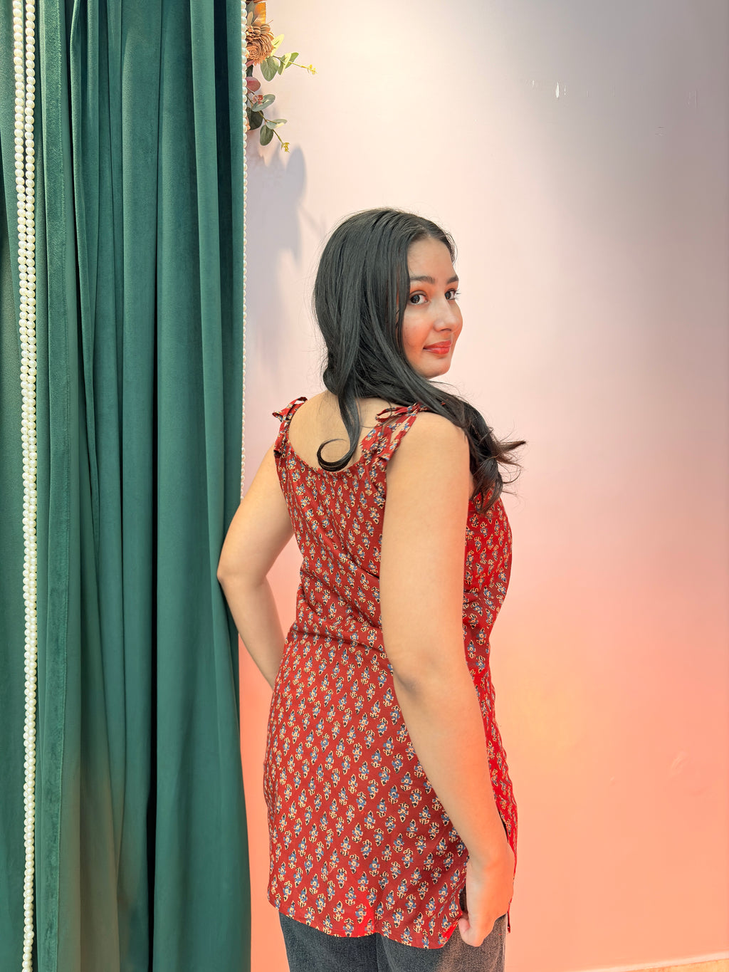 Elegant Red Printed Cotton Cami Top