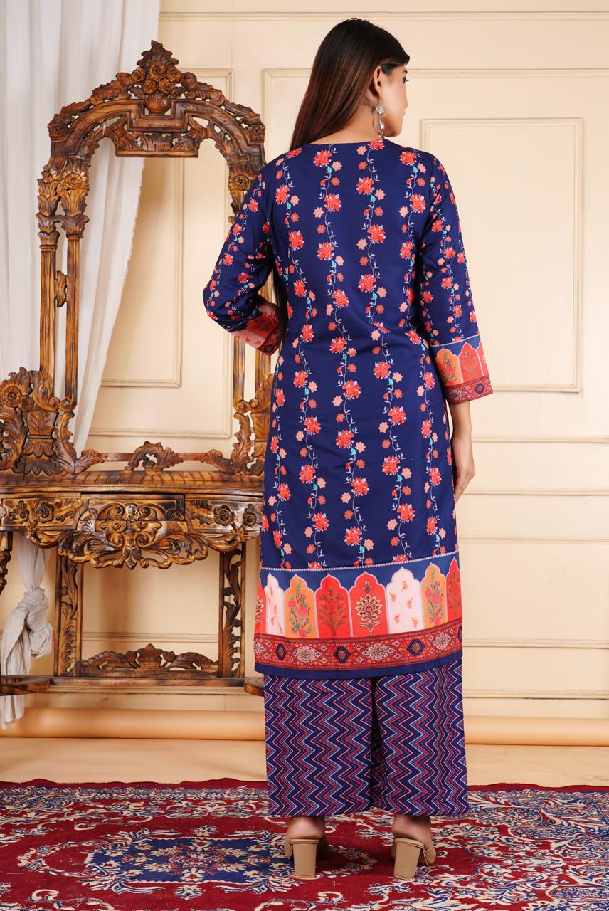 Elegant Printed 3 Piece Lawn Suit – Navy Blue & Red