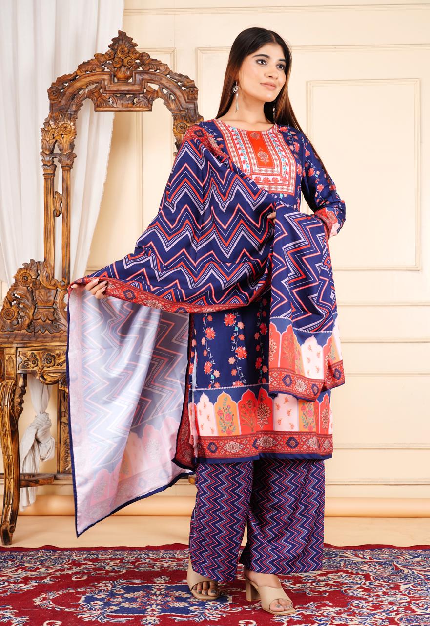 Elegant Printed 3 Piece Lawn Suit – Navy Blue & Red