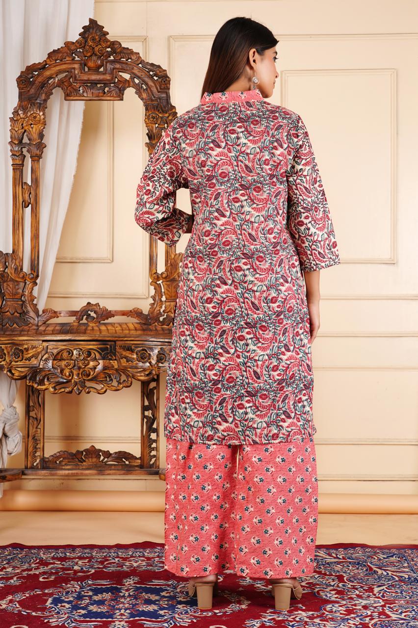 Elegant Floral Printed 2 Piece Cotton Suit – Pink & White