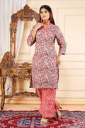 Elegant Floral Printed 2 Piece Cotton Suit – Pink & White