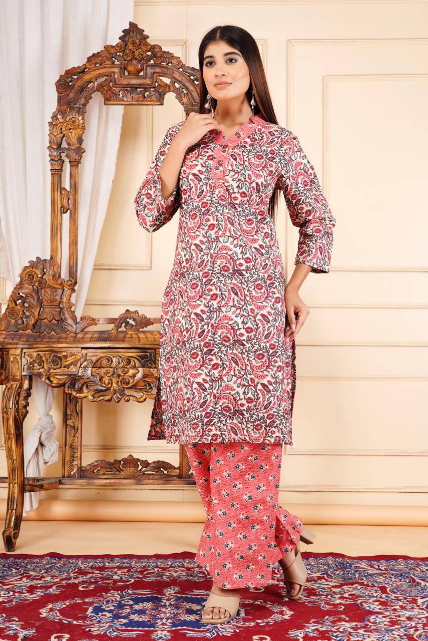 Elegant Floral Printed 2 Piece Cotton Suit – Pink & White